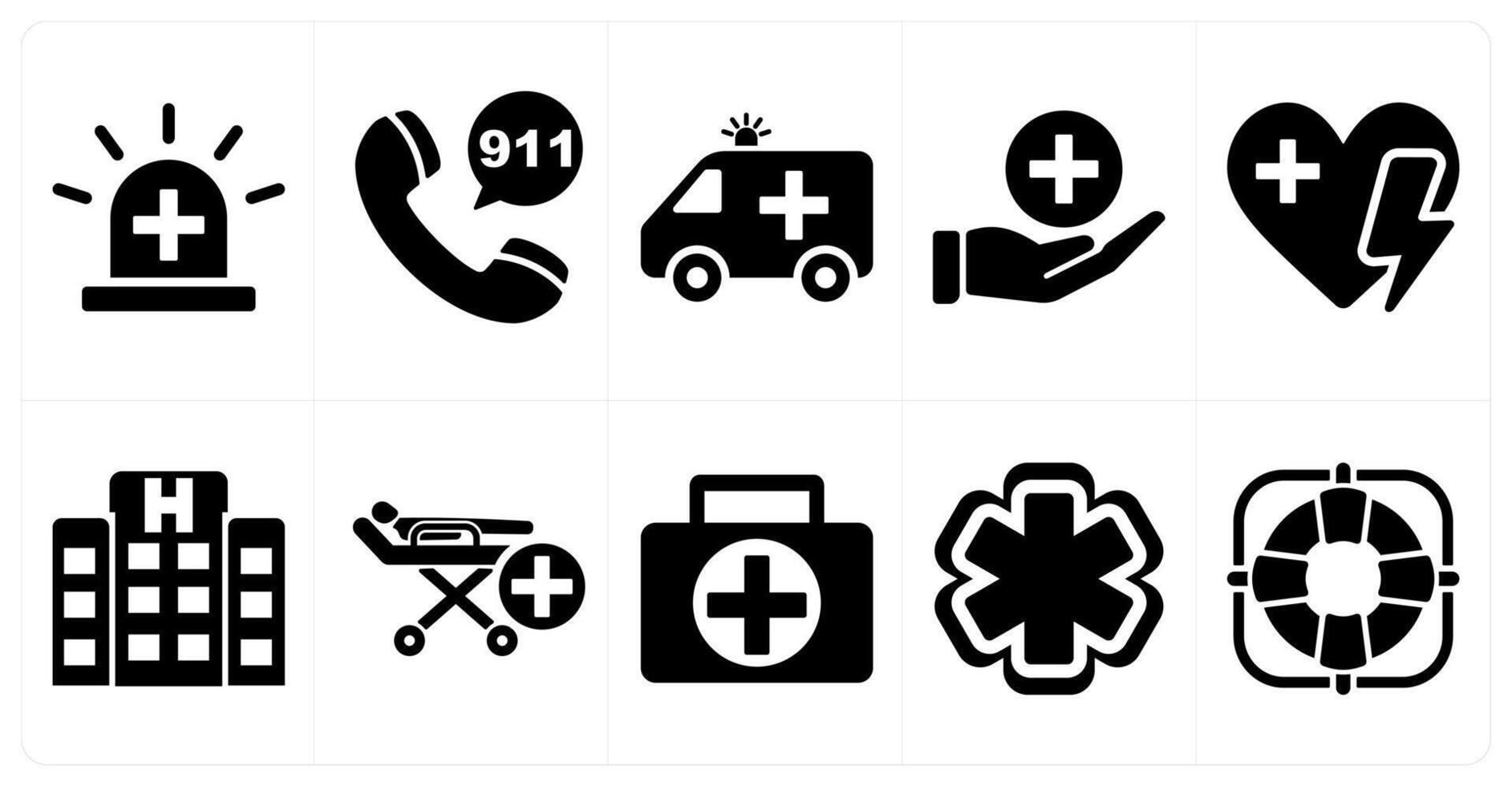 A set of 10 emergency icons as emergency, 911, ambulance in black filled color vector