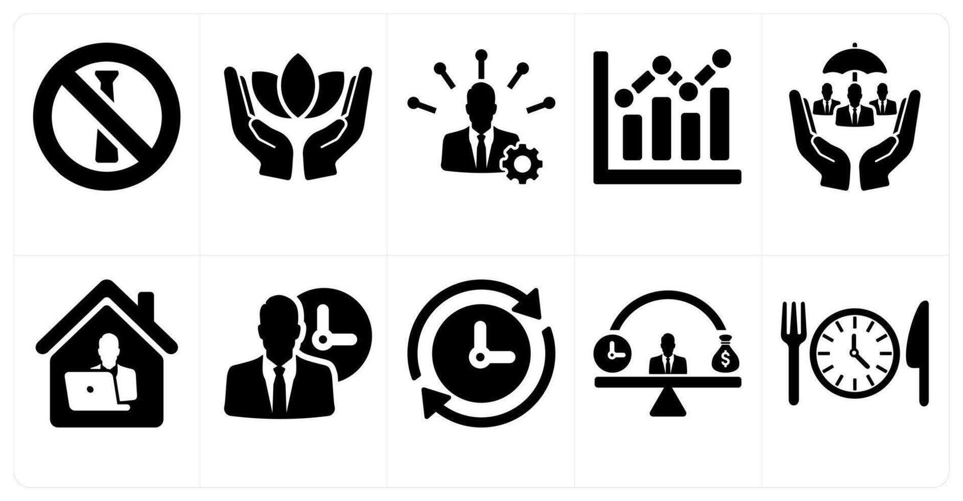 A set of 10 employee benefits icons as no dress code, wellness, skills development in black filled color vector