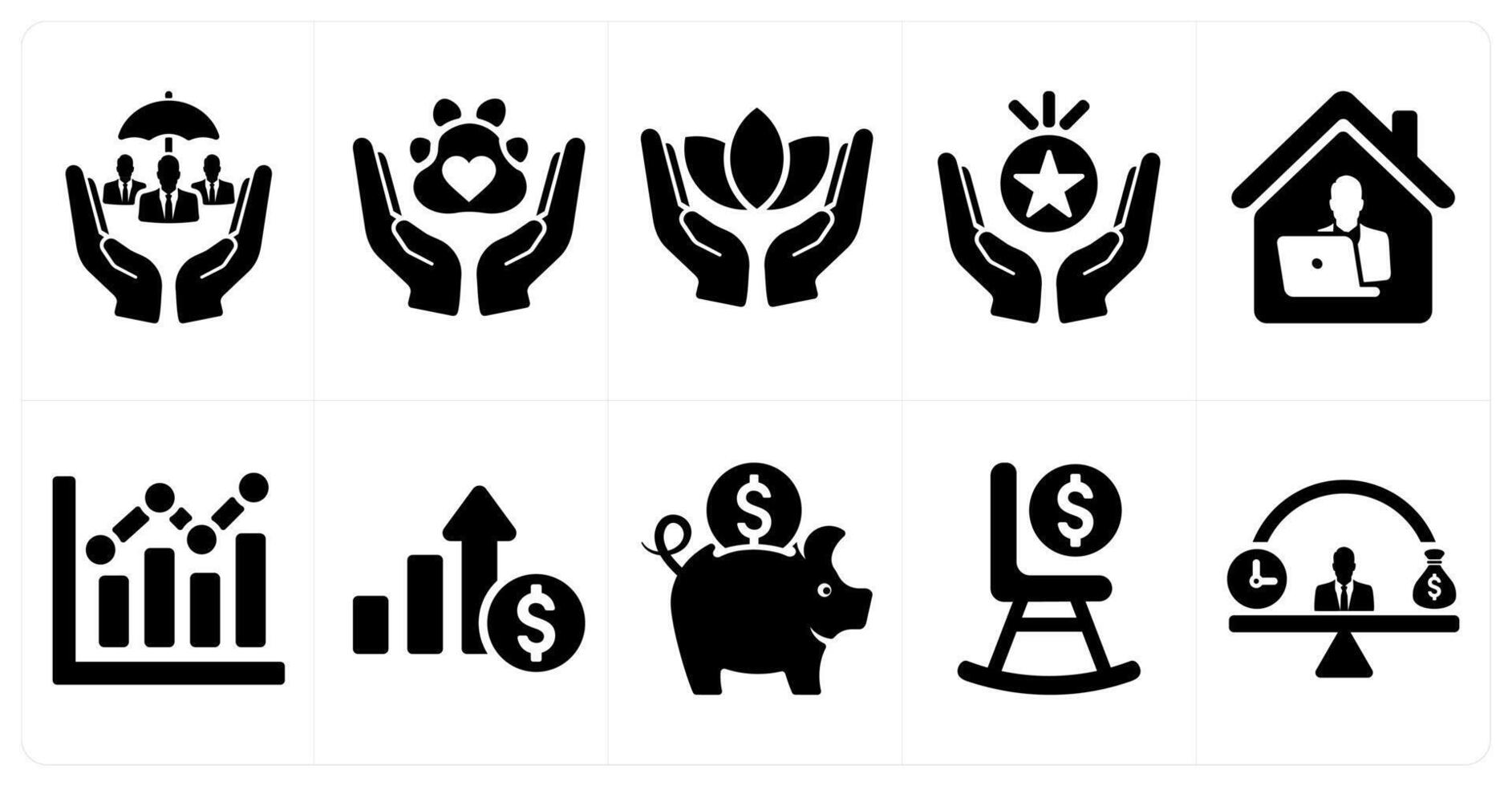A set of 10 employee benefits icons as social security, pet friendly, wellness in black filled color vector