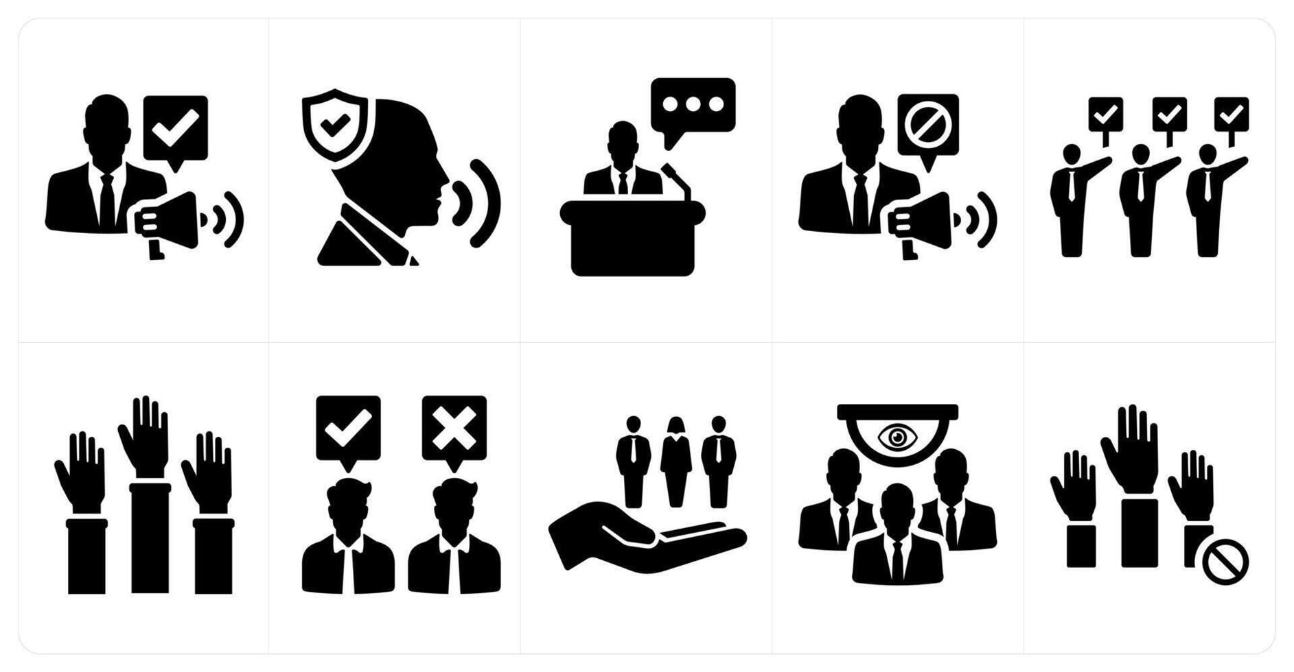 A set of 10 freedom of speech icons as free speech, protected speech, speech in black filled color vector