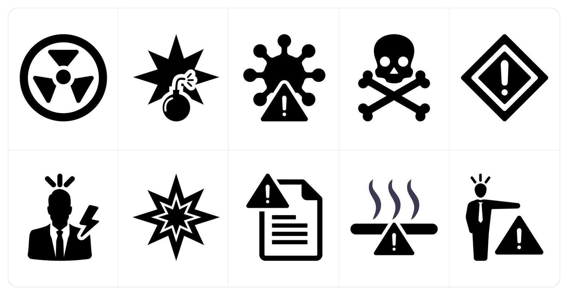A set of 10 hazard danger icons as hazard, bomb, virus, death in black filled color vector