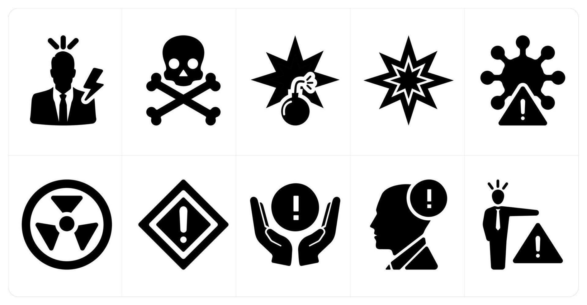 A set of 10 hazard danger icons as electrical shock, death, bomb in black filled color vector