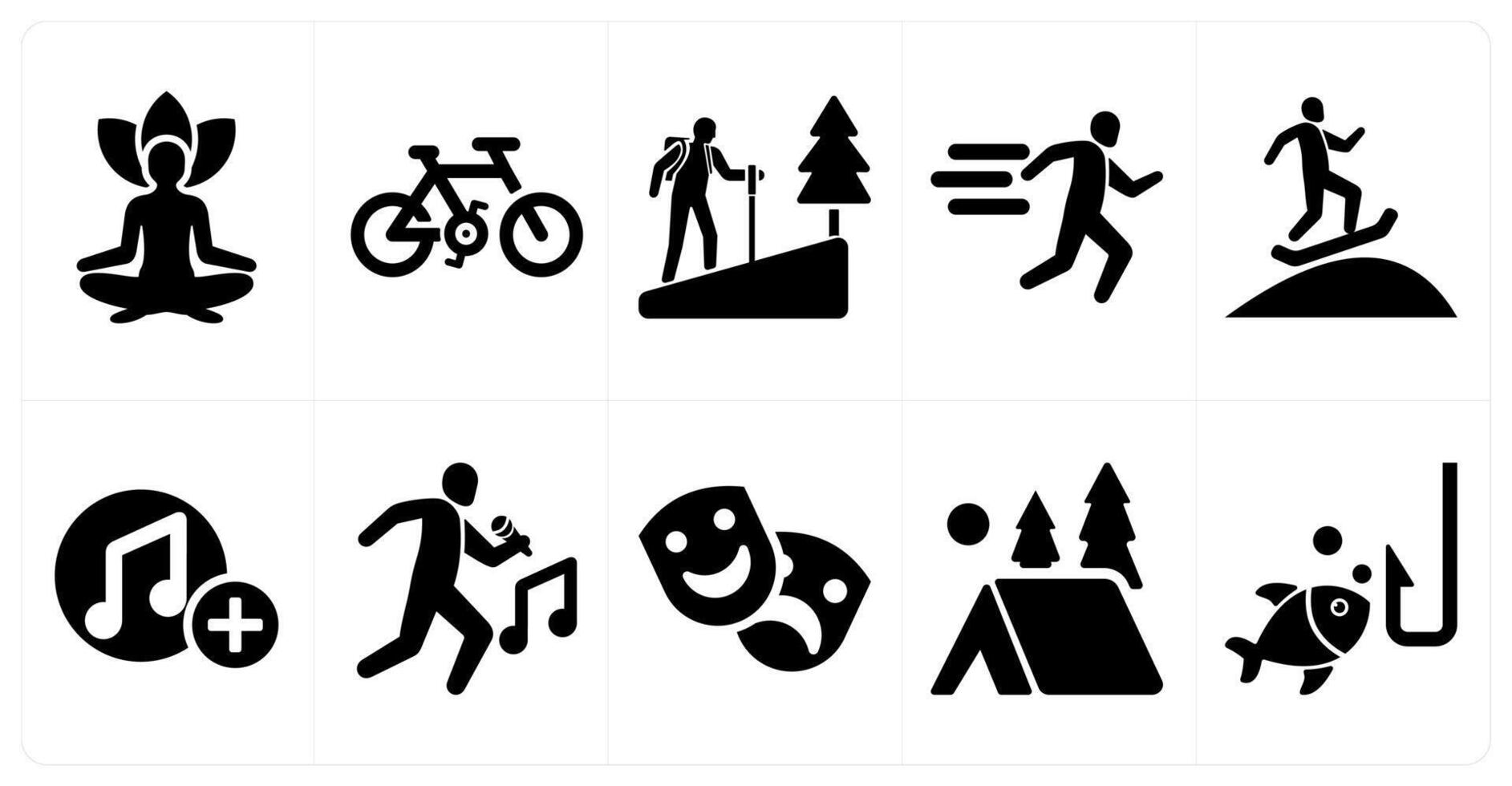 A set of 10 hobby icons as yoga, cycling, hiking in black filled color vector