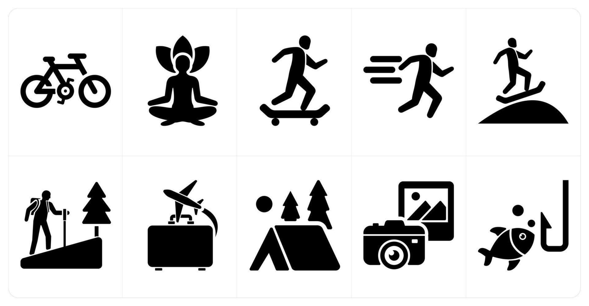 A set of 10 hobby icons as cycling, yoga, skating in black filled color vector