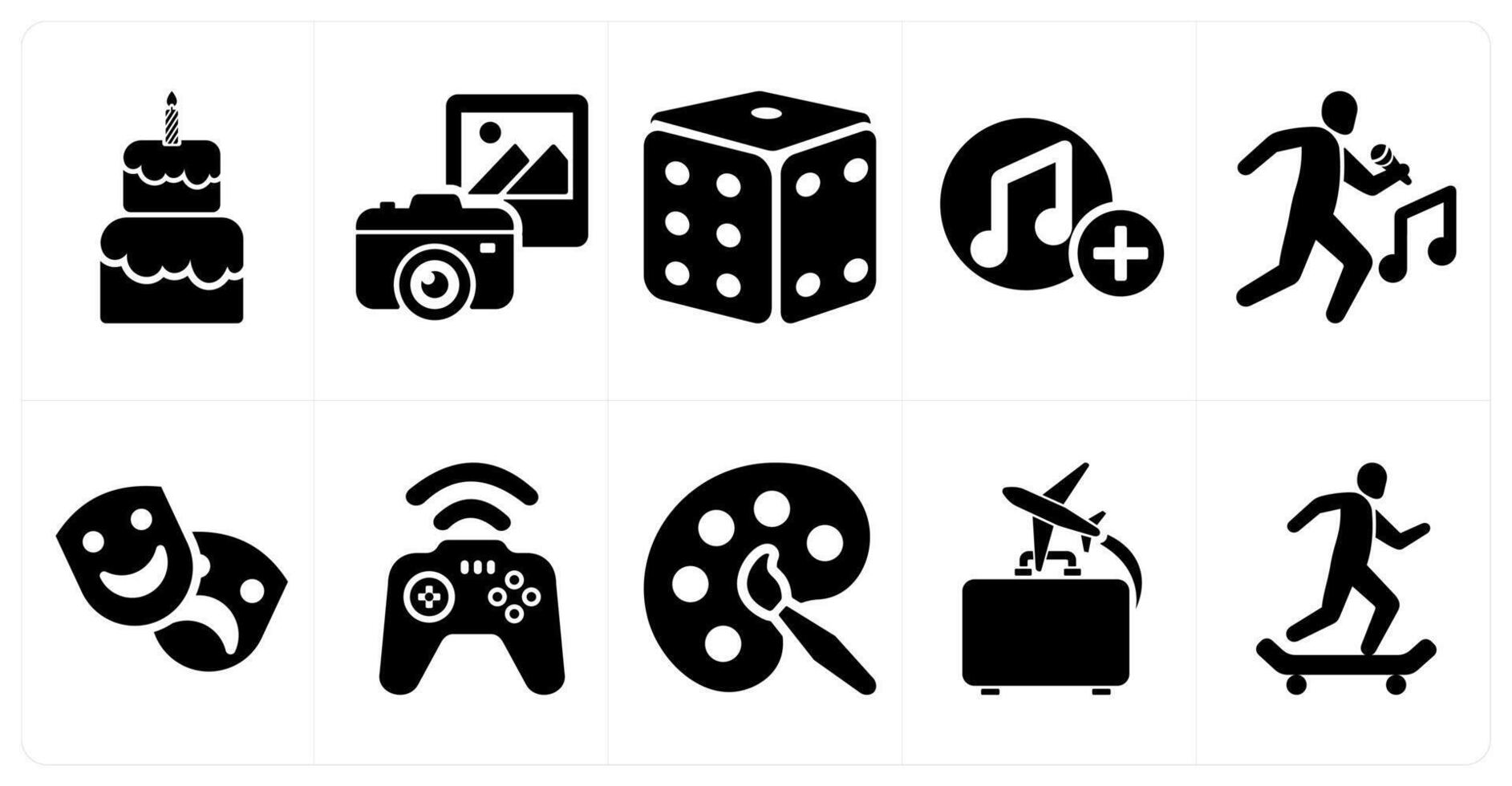 A set of 10 hobby icons as cooking, photography, dice in black filled color vector