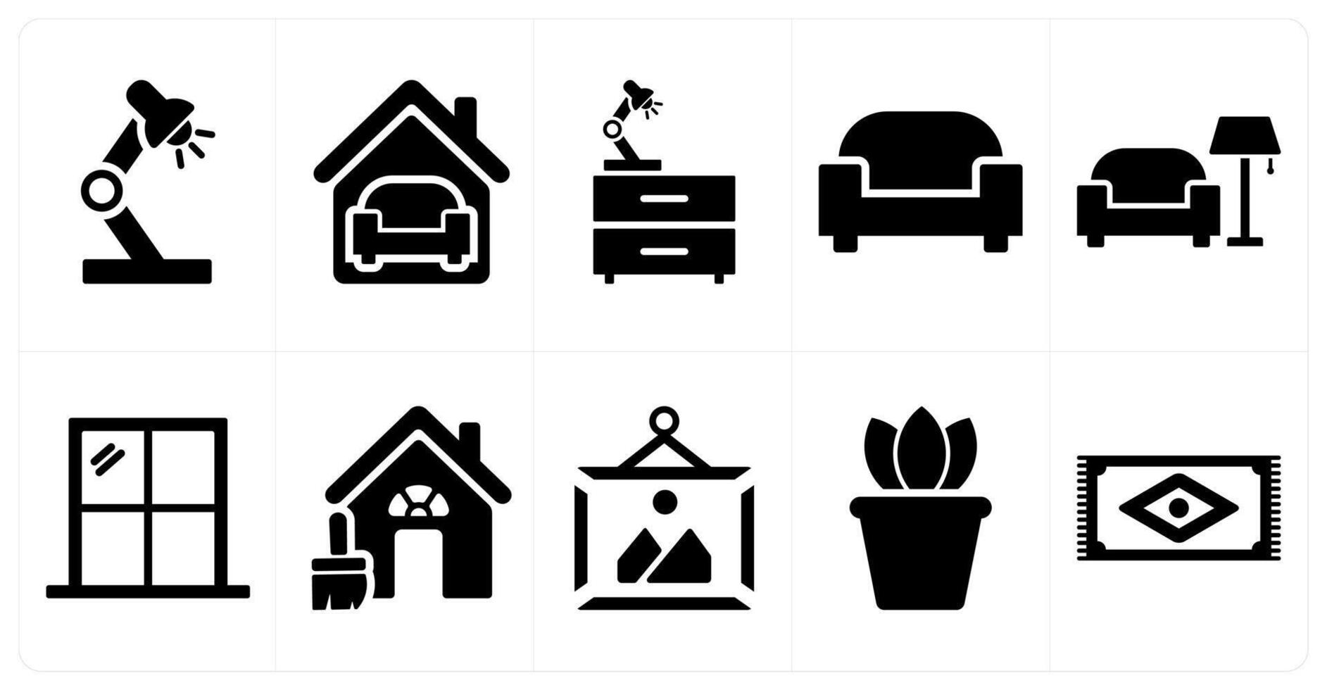 A set of 10 home interior icons as study lamp, interior, cabinet in black filled color vector