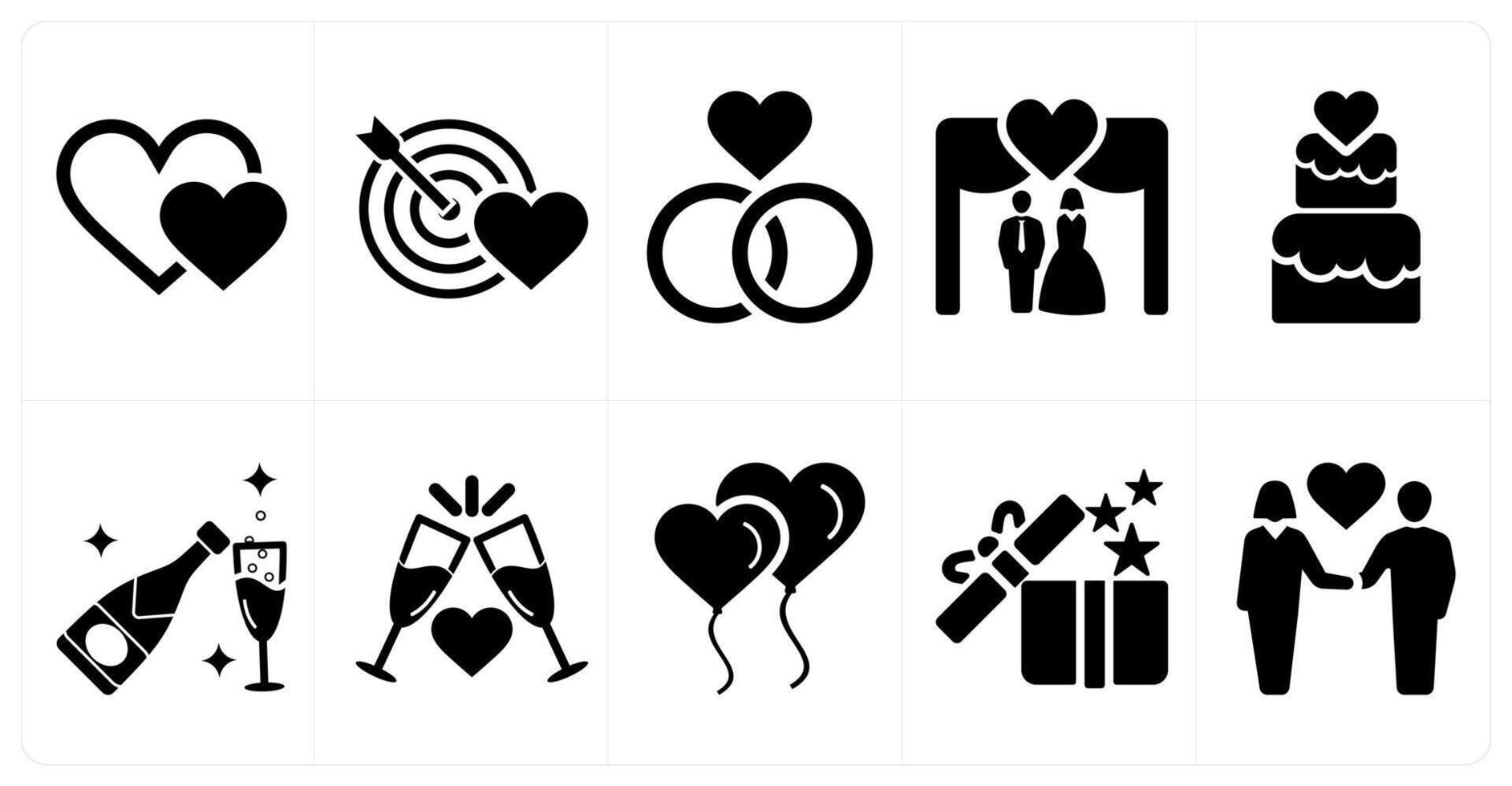 A set of 10 honeymoon icons as love, couple goals, engagement in black filled color vector