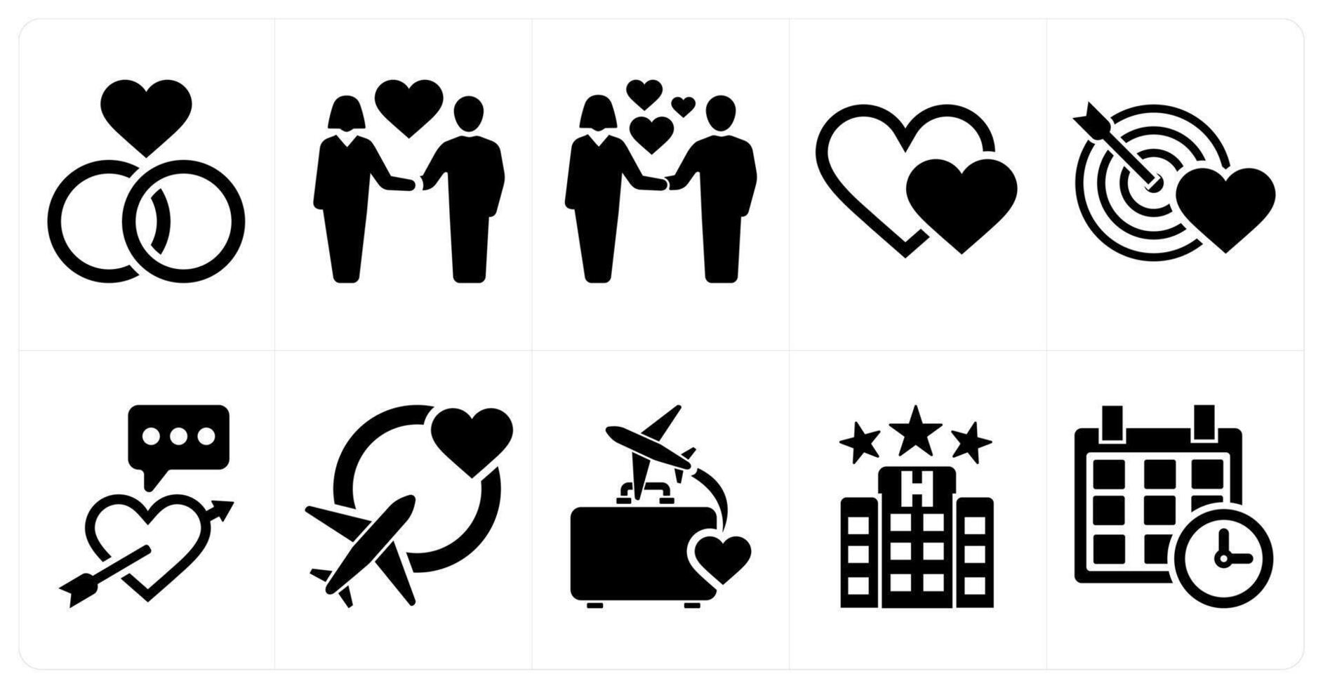 A set of 10 honeymoon icons as engagement, couple, declaration in black filled color vector