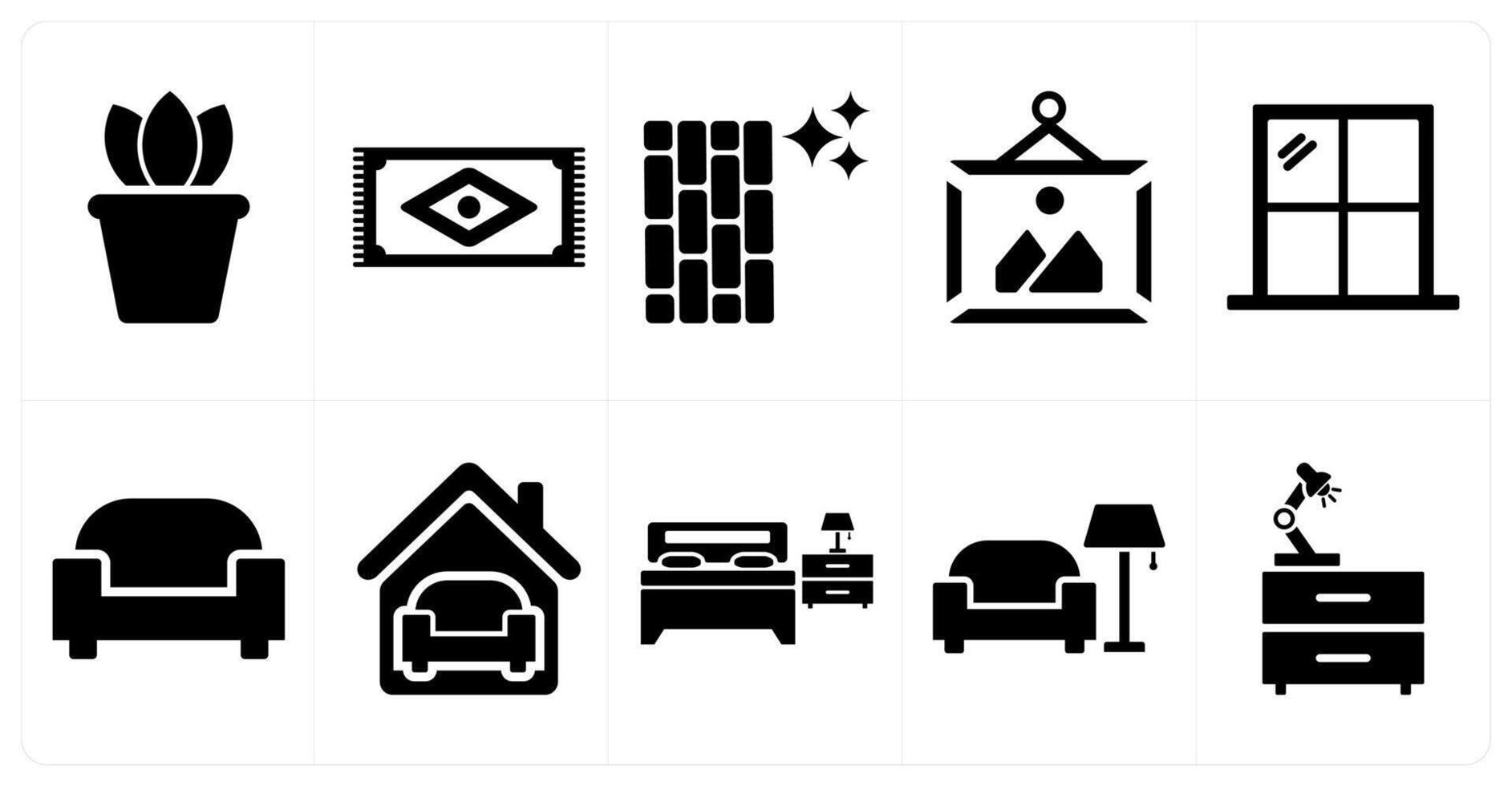 A set of 10 home interior icons as desk plant, rug, floor in black filled color vector