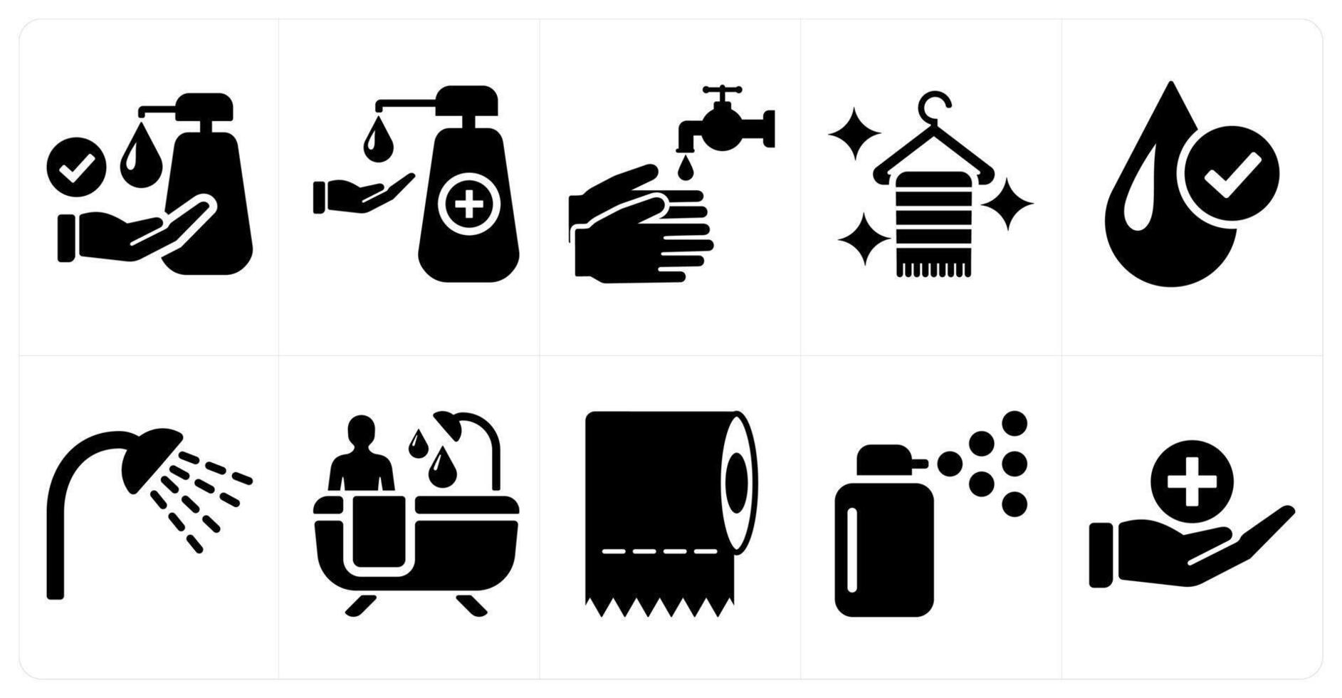 A set of 10 hygiene icons as disinfection, hand wash, wash hands in black filled color vector