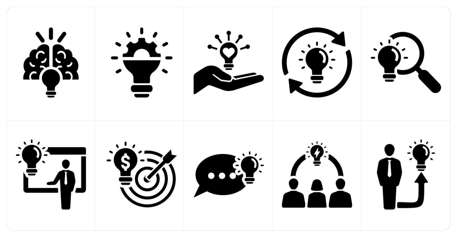 A set of 10 idea icons as creative idea, innovation, share idea in black filled color vector