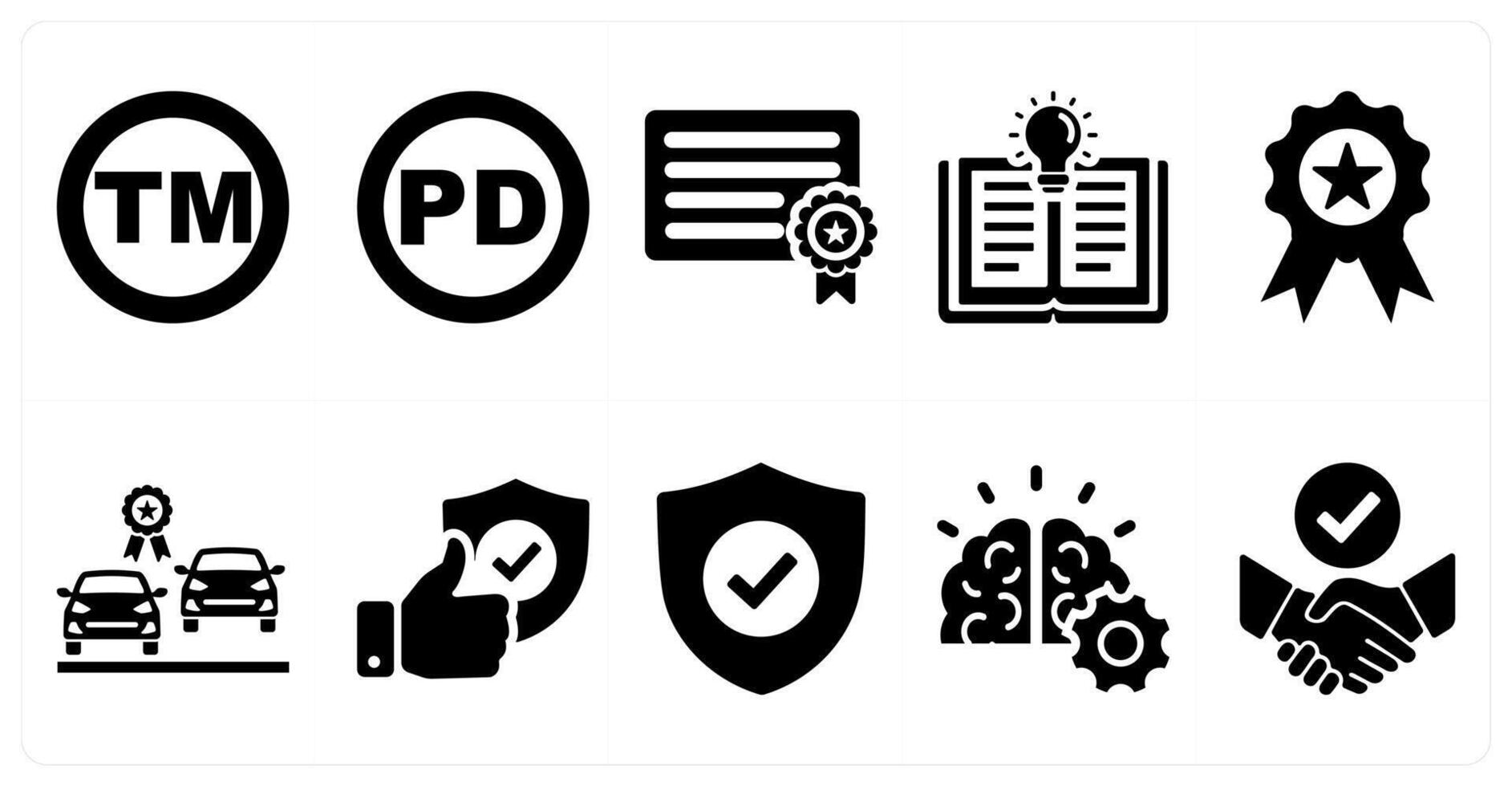 A set of 10 intellectual property icons as trademark, public domain, patent in black filled color vector