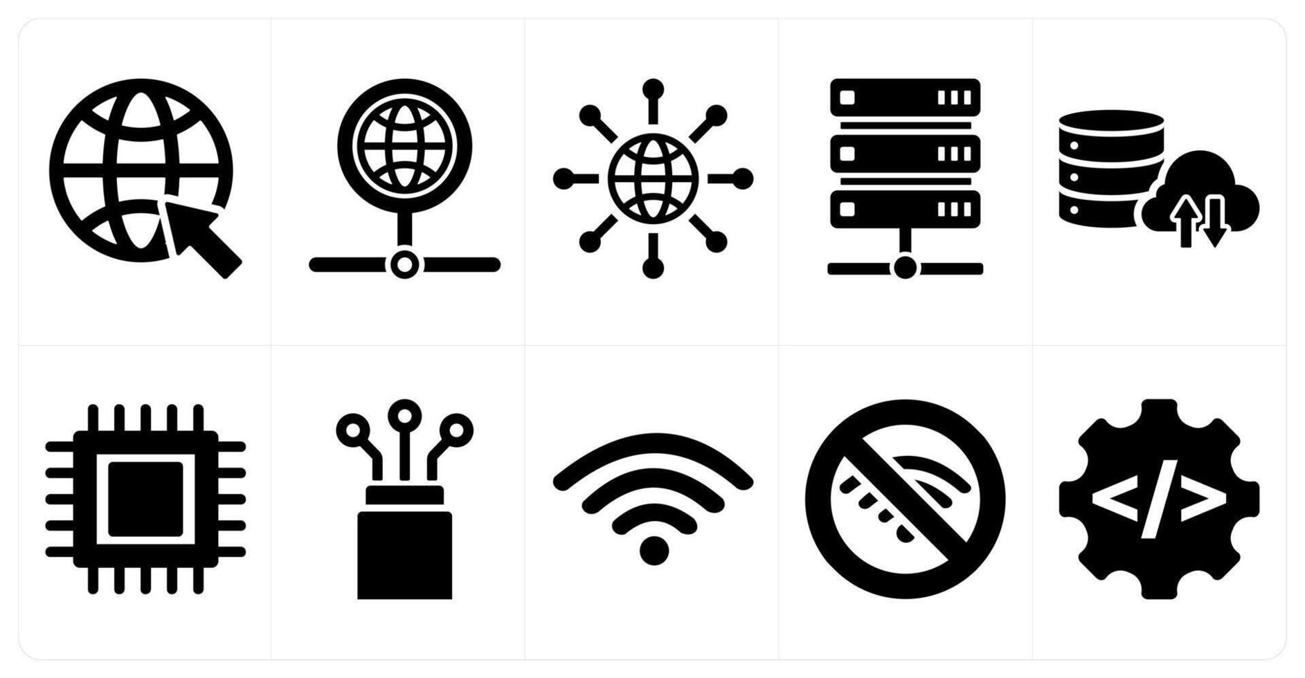 A set of 10 internet computer icons as online, network, internet in black filled color vector