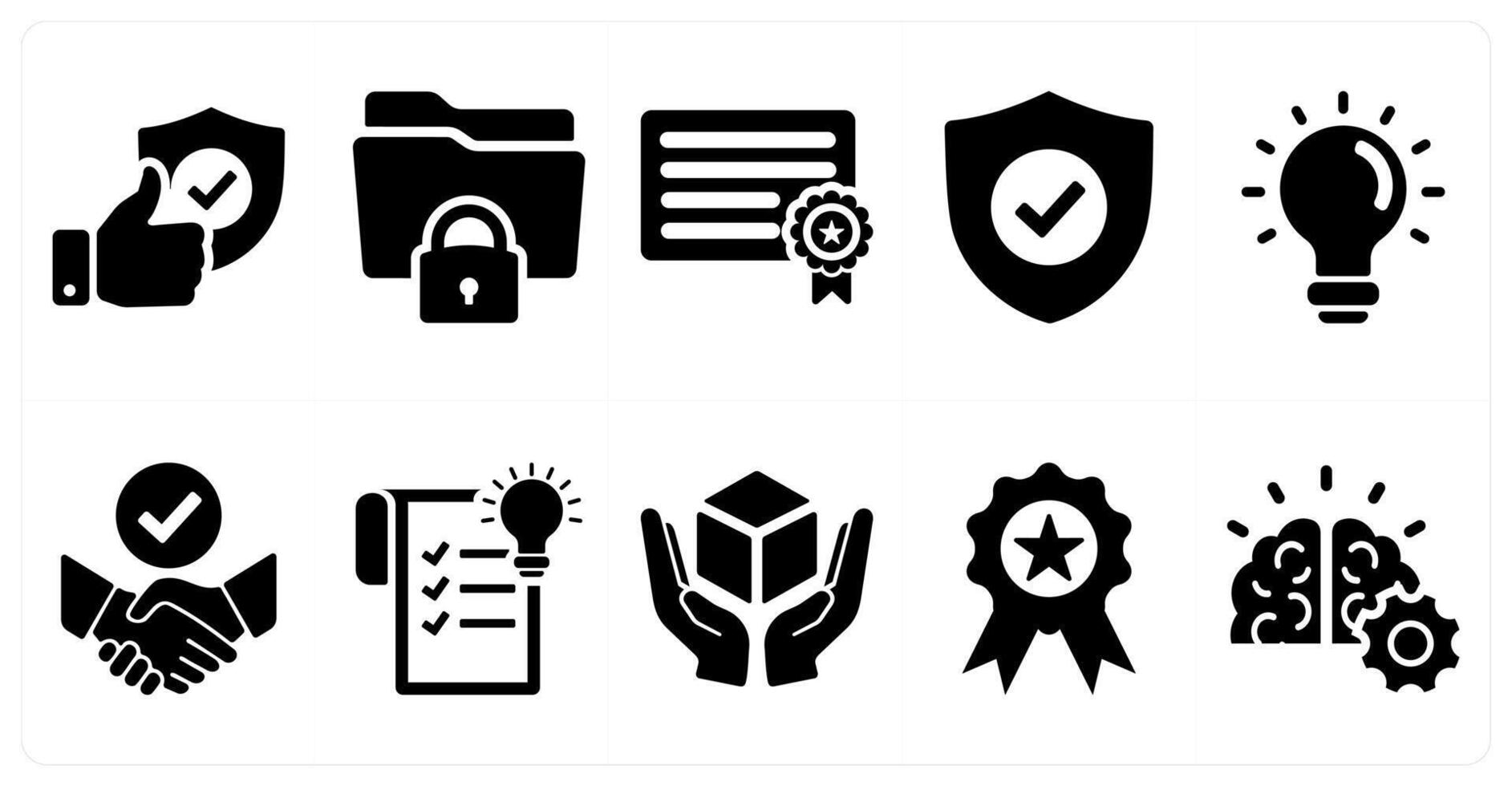 A set of 10 intellectual property icons as protection, trade secrets, patent in black filled color vector