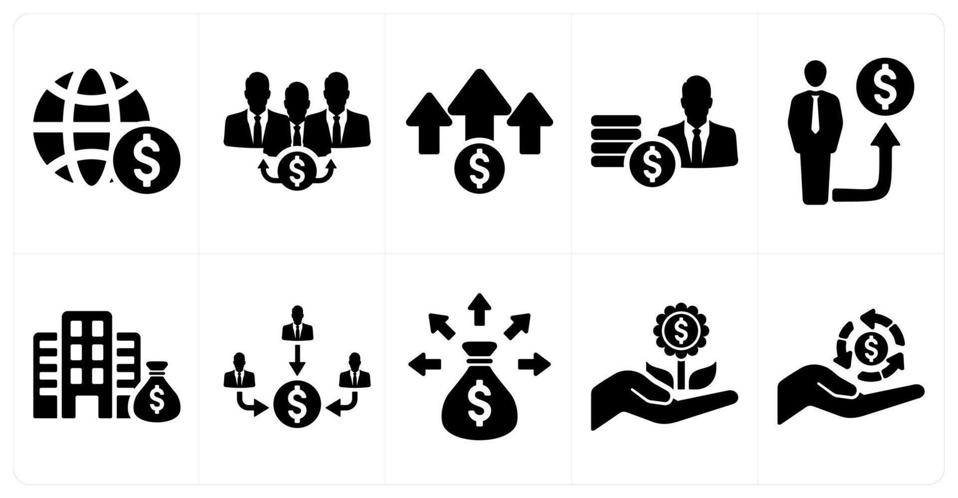 A set of 10 investment icons as global economy, dividend, inflation in black filled color vector