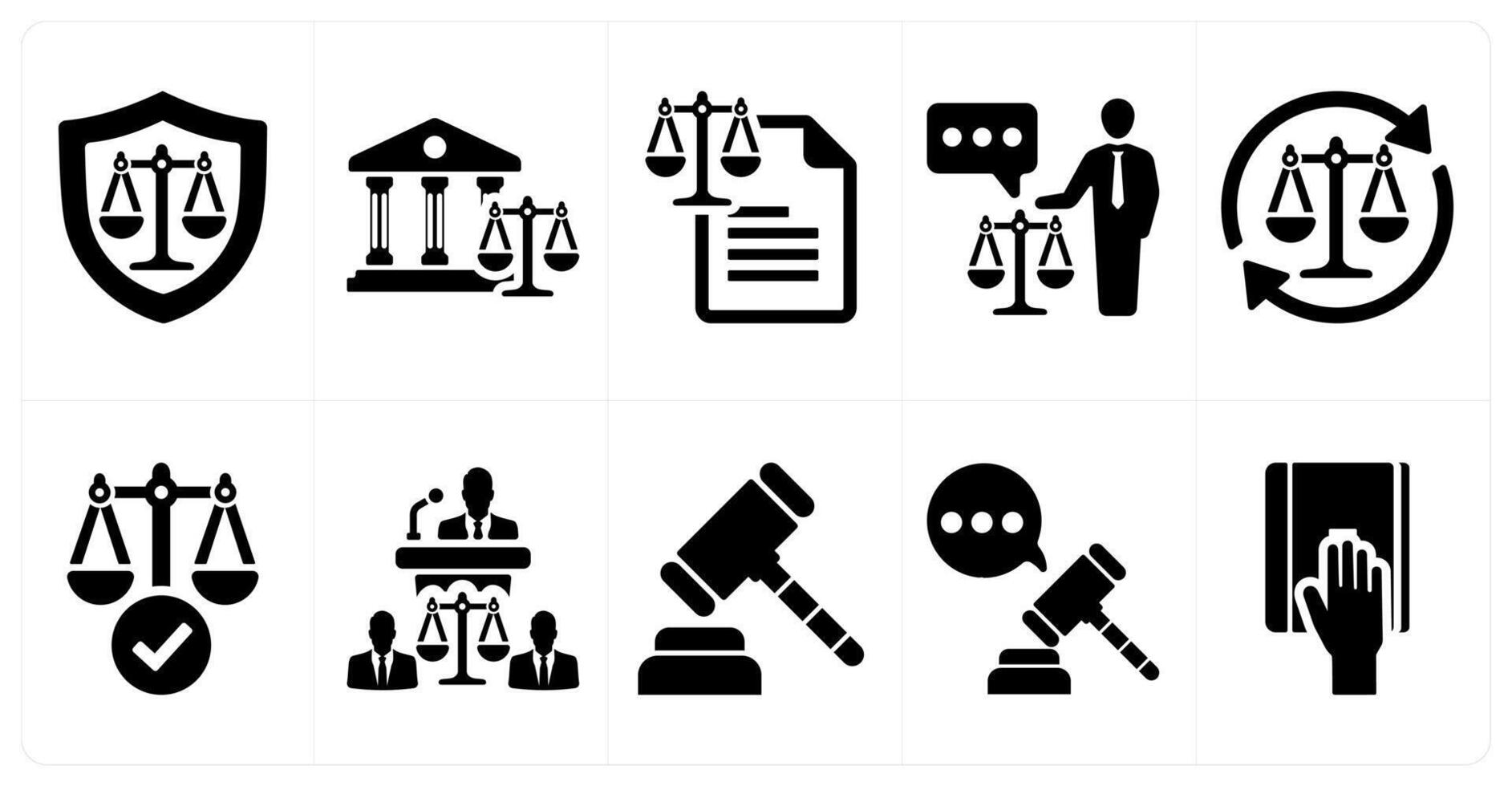 A set of 10 justice icons as justice, court, law in black filled color vector