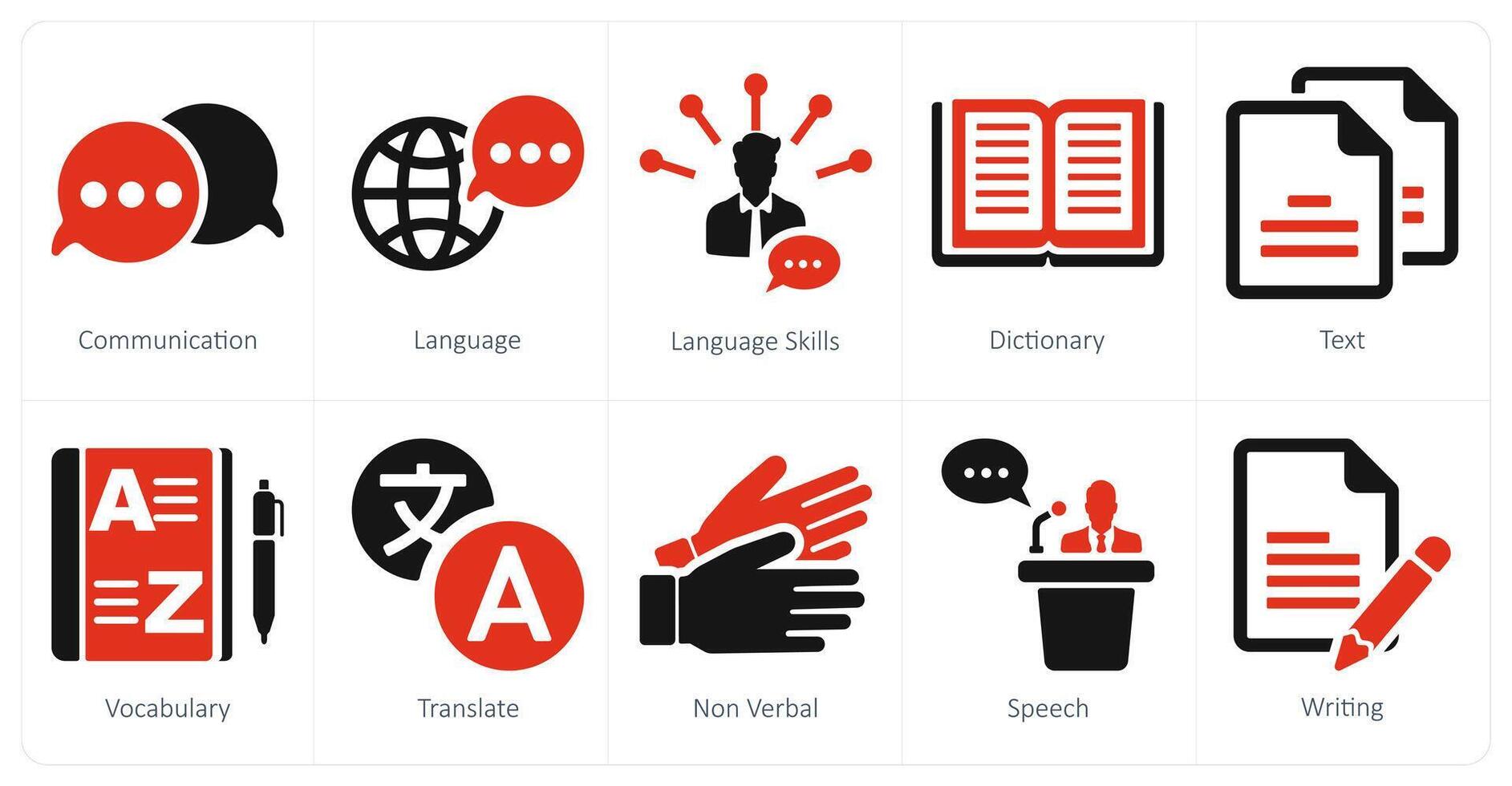 A set of 10 language icons as communication, language, language skills in red filled color vector