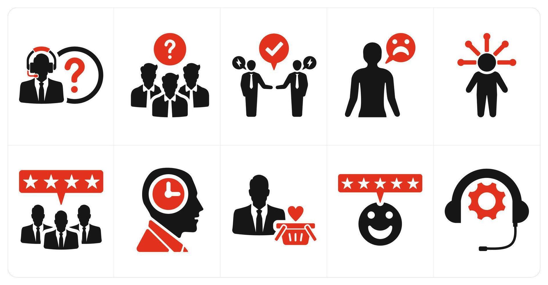 A set of 10 customer service icons as customer service, customer questions, conflict resolutions in red filled color vector