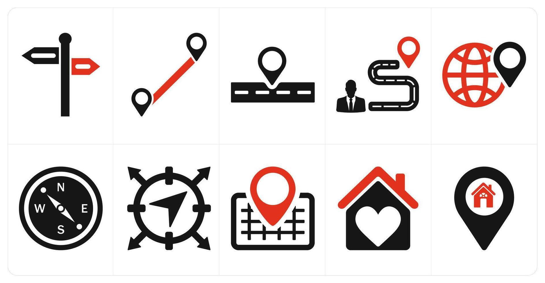 A set of 10 location icons as direction, distance, route in red filled color vector