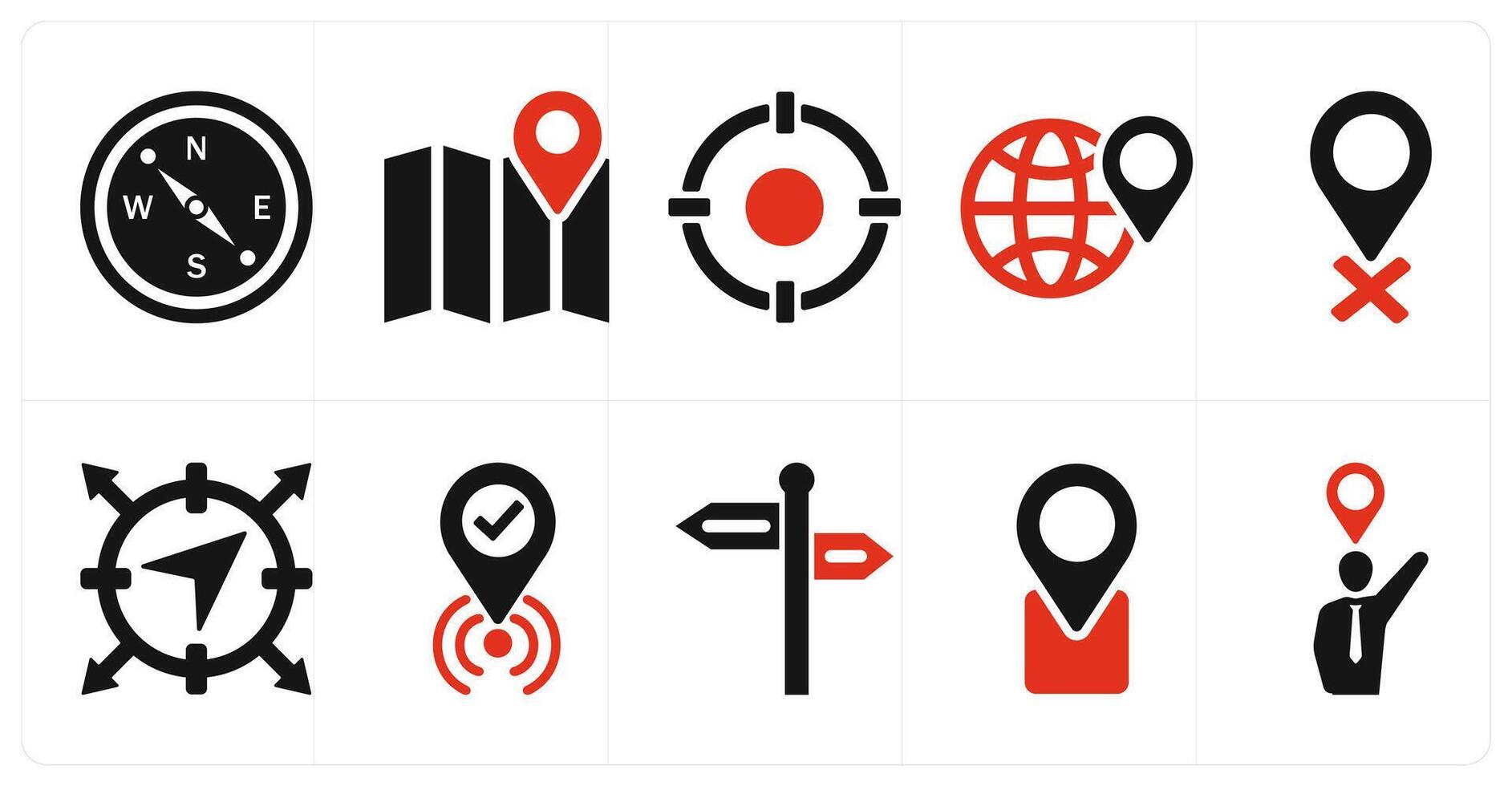 A set of 10 location icons as compass, map, target in red filled color vector