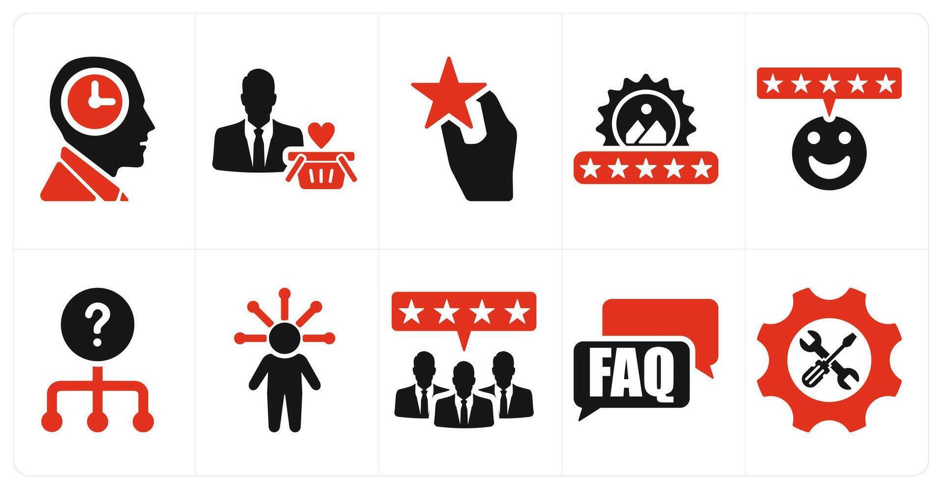 A set of 10 customer service icons as patience, customer, brand reputation in red filled color vector