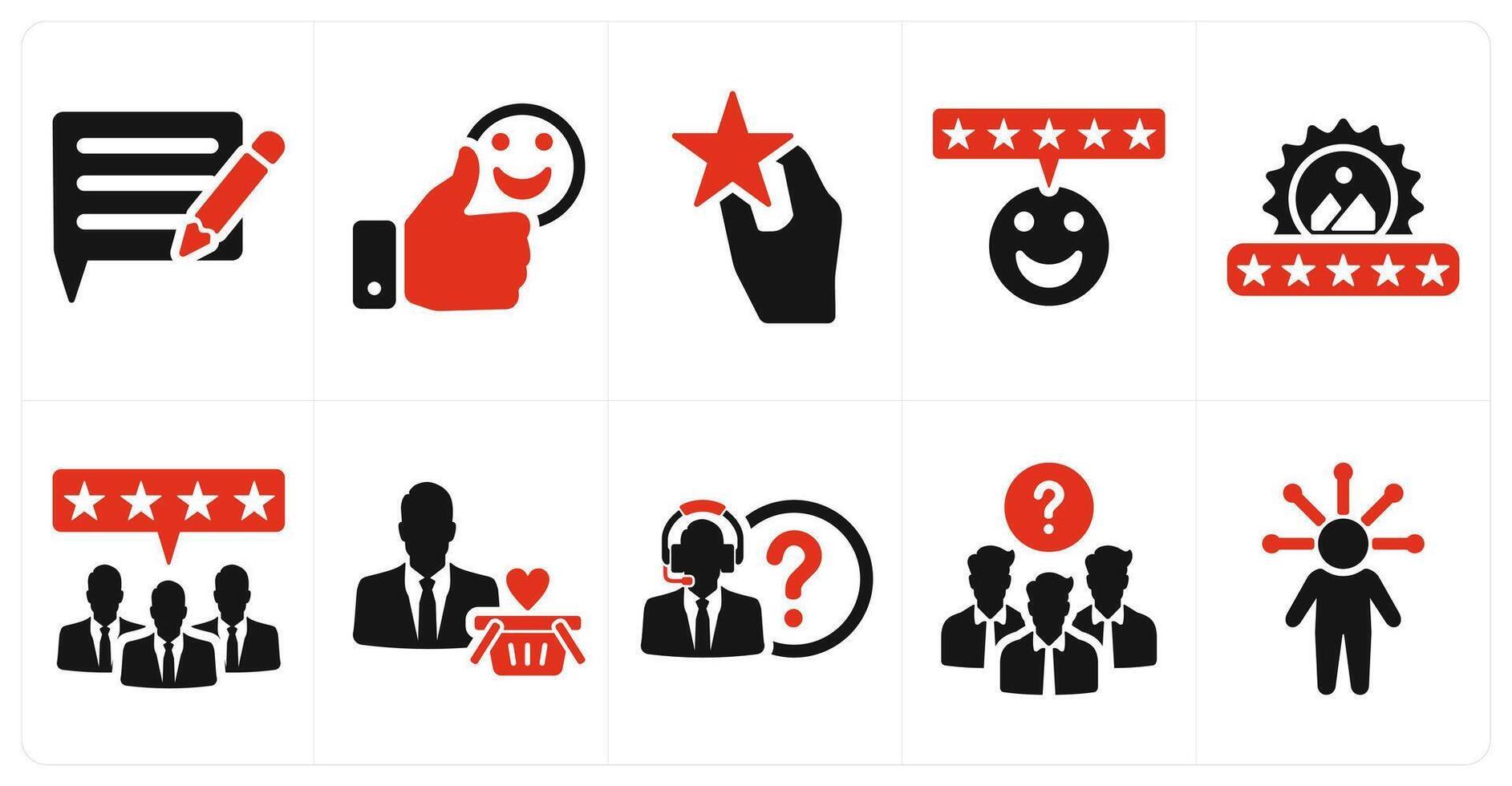 A set of 10 customer service icons as feedback, satisfied, brand reputation, excellent service in red filled color vector