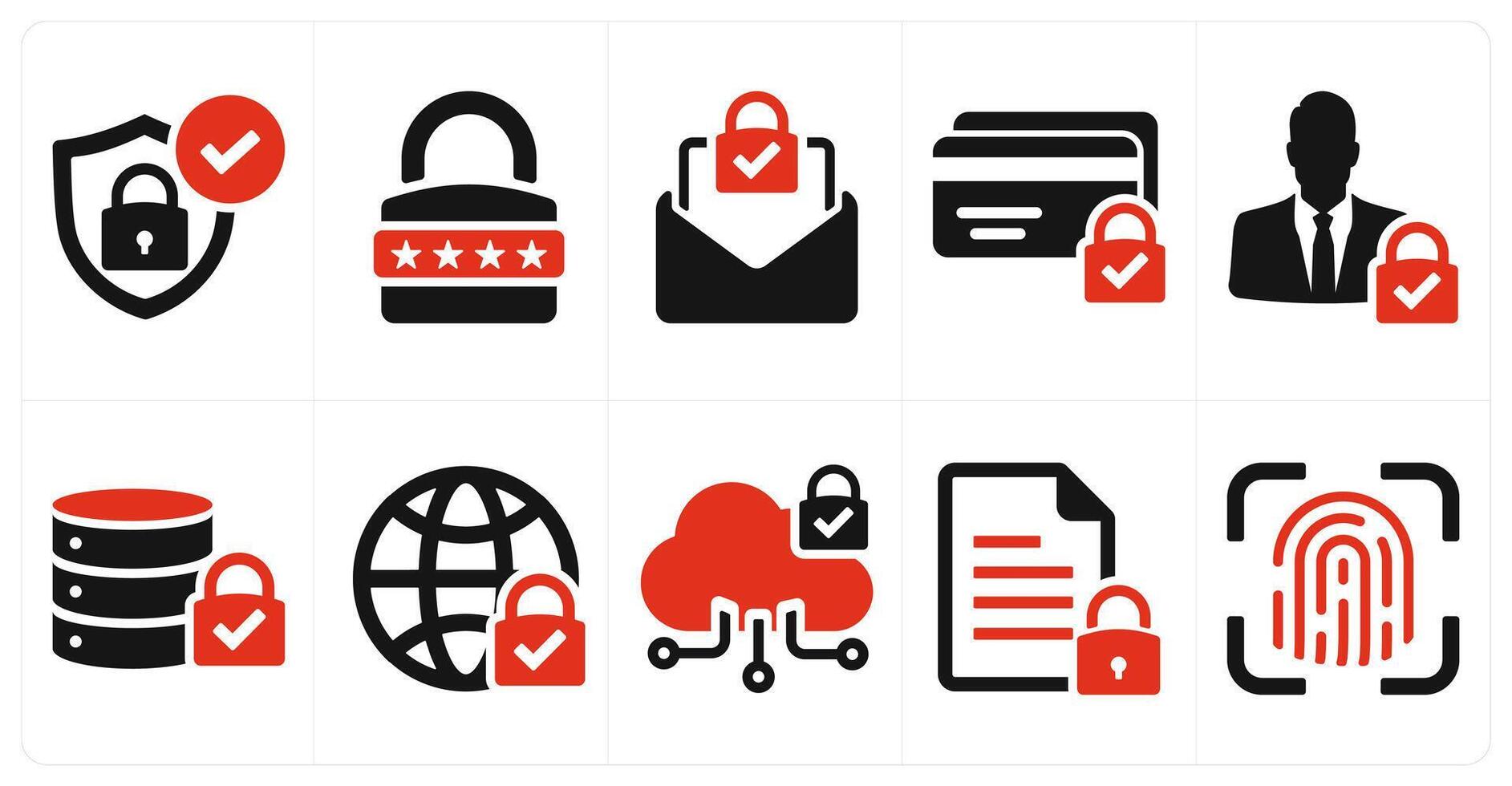 A set of 10 cyber security icons as security, password, email protection, secure payment in red filled color vector