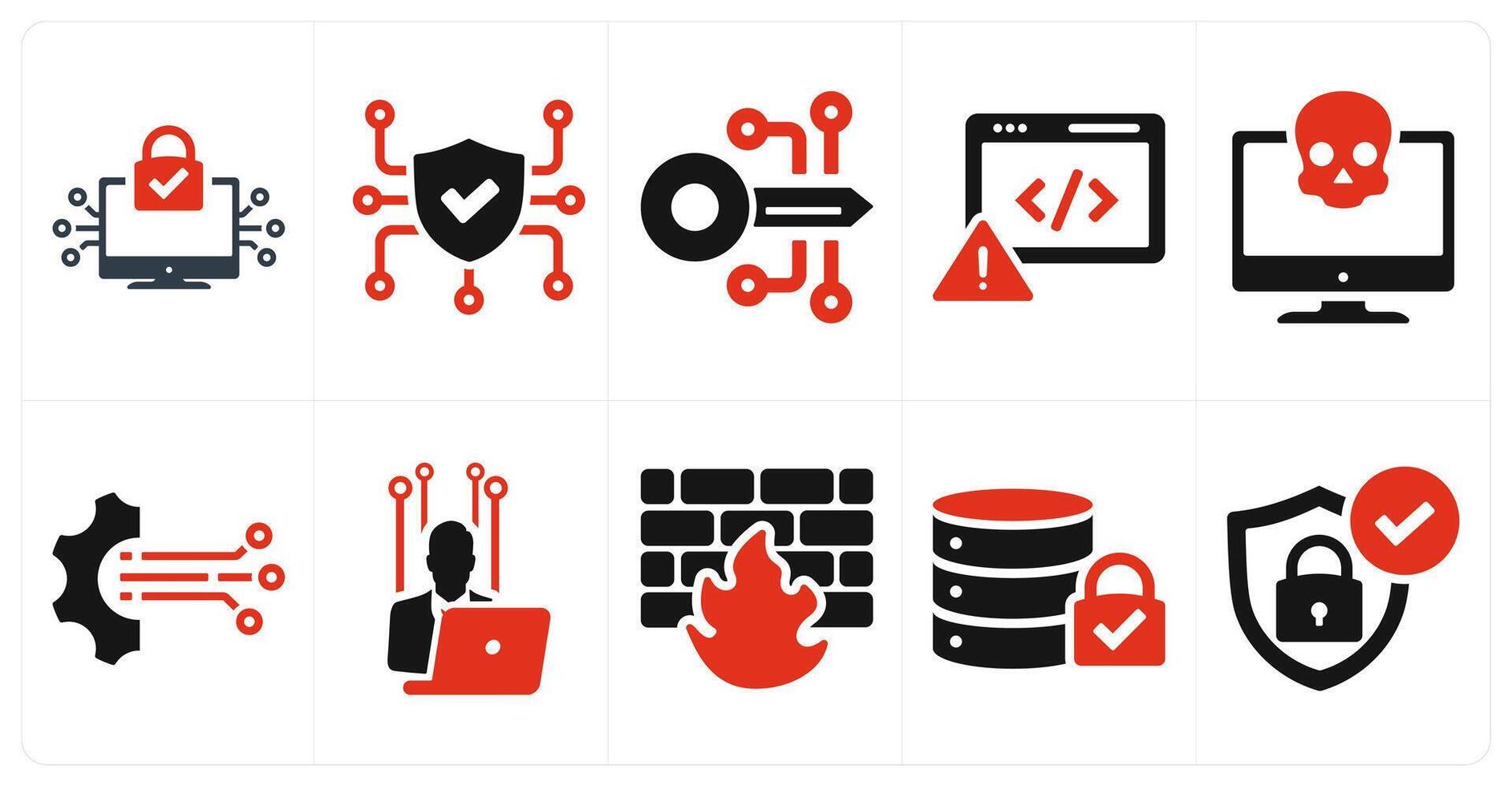 A set of 10 cyber security icons as cyber security, encryption, code issue in red filled color vector