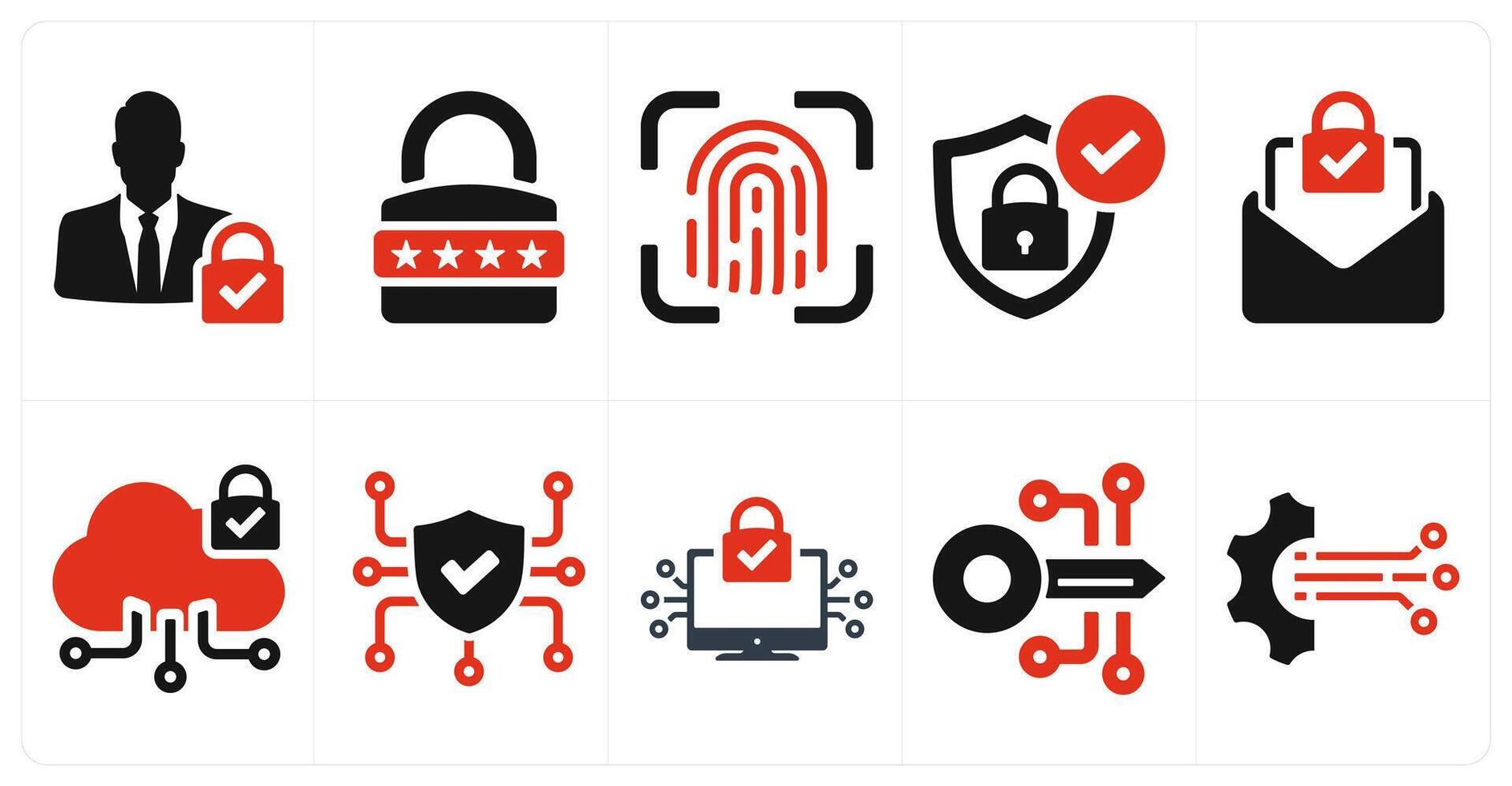 A set of 10 cyber security icons as user access, password, fingerprint in red filled color vector