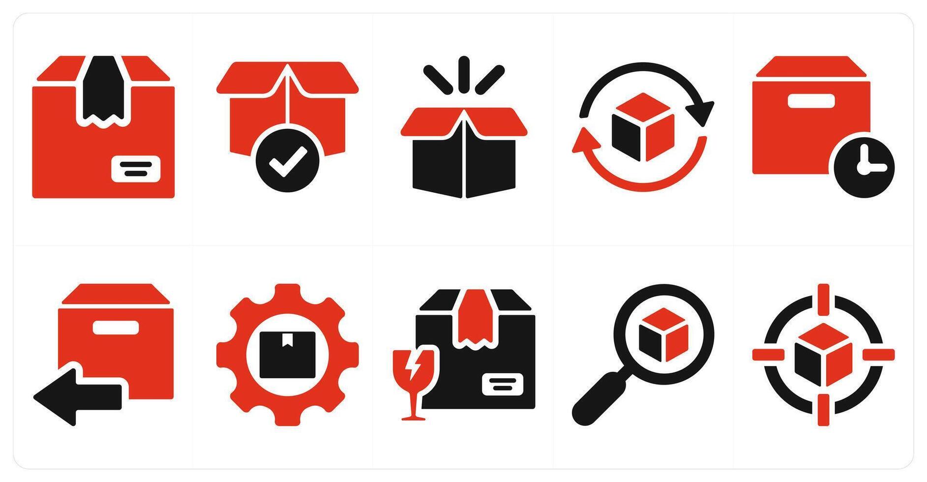 A set of 10 delivery icons as parcel, package, product in red filled color vector