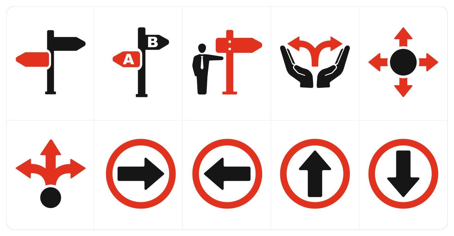 A set of 10 direction icons as direction, choice, indicate direction in red filled color vector