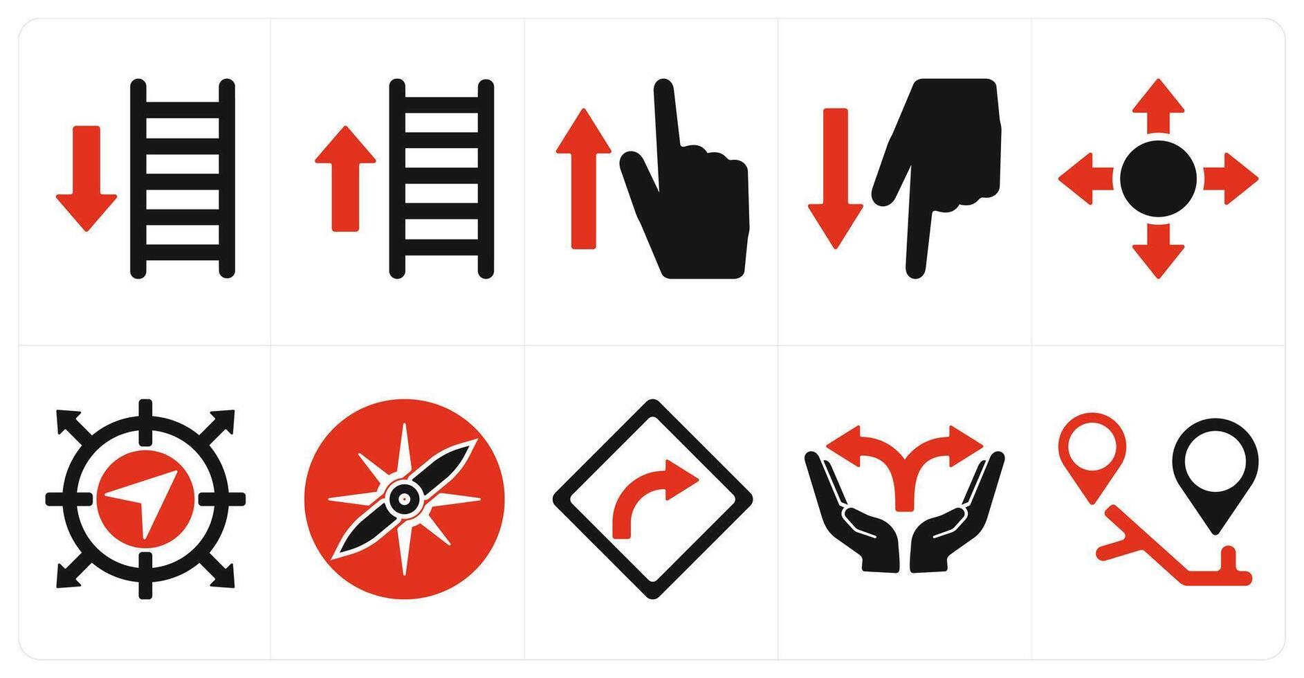 A set of 10 direction icons as ascend, descend, point up in red filled color vector