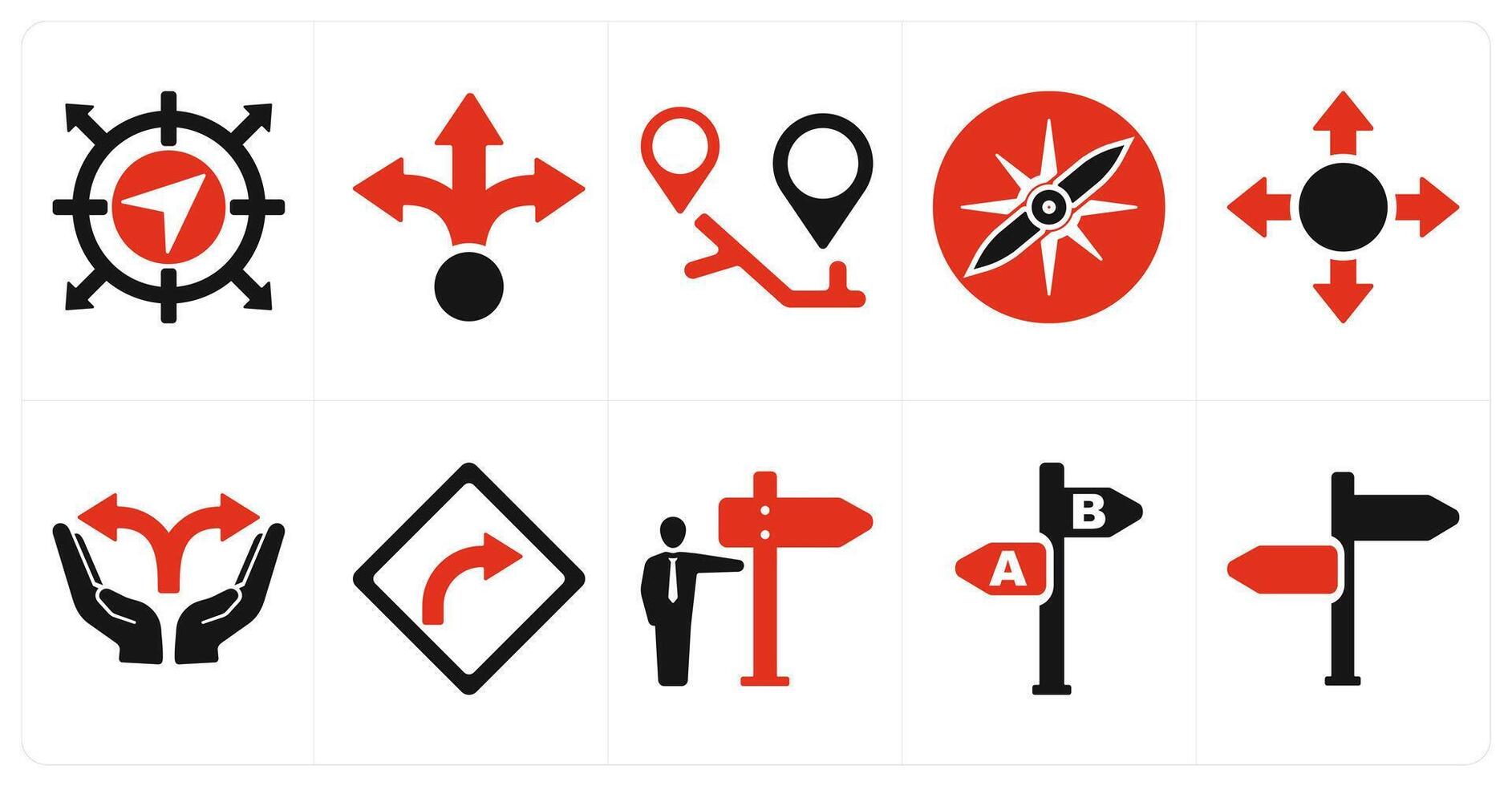A set of 10 direction icons as navigation, way, itinerary in red filled color vector