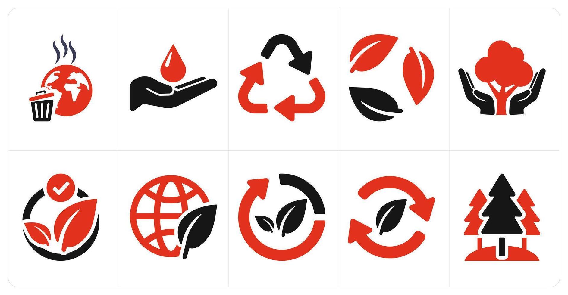A set of 10 ecology icons as pollution, save water, recycle in red filled color vector