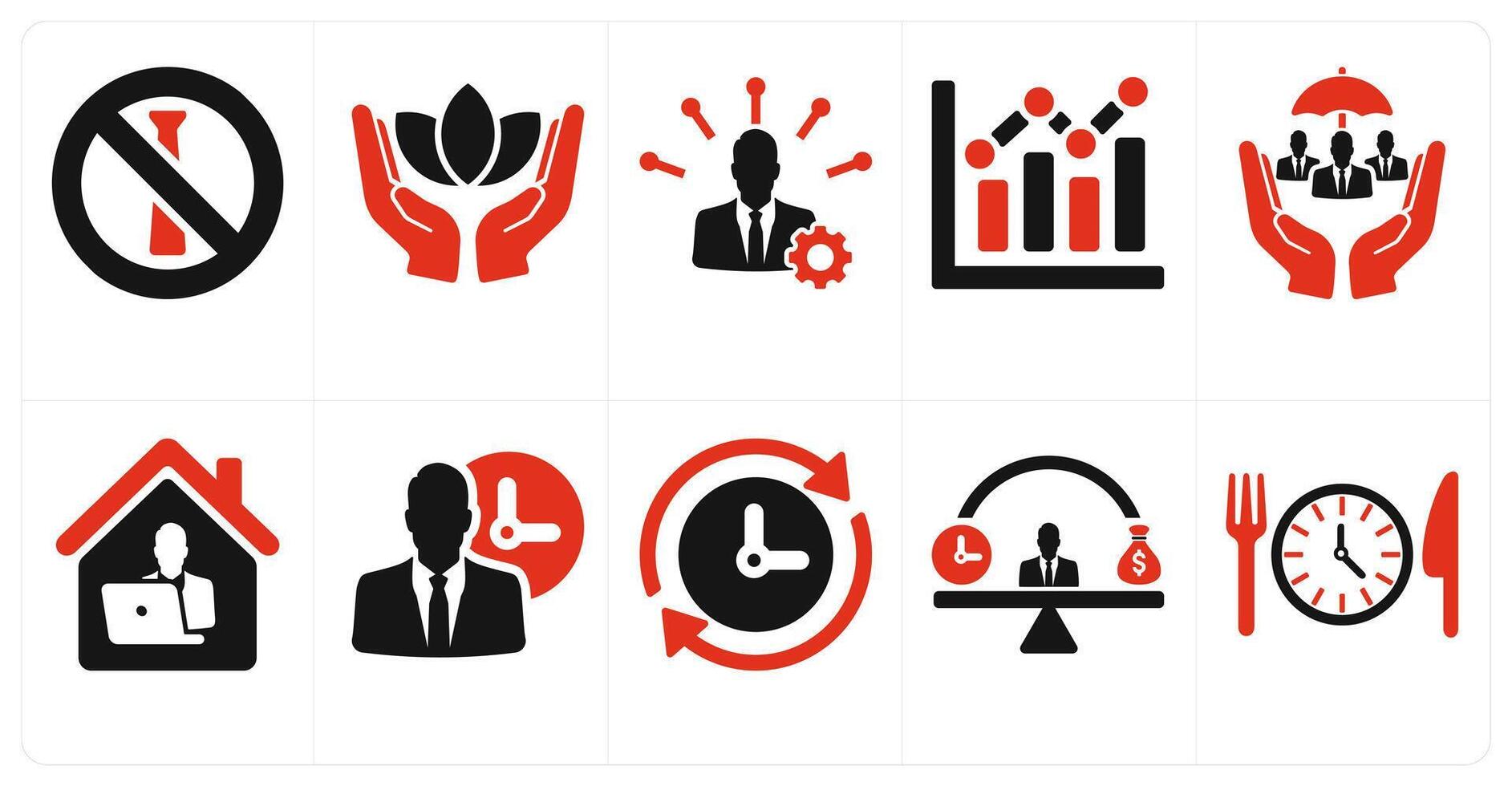 A set of 10 employee benefits icons as no dress code, wellness, skills development in red filled color vector