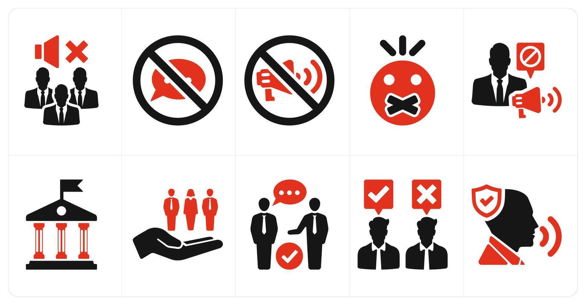 A set of 10 freedom of speech icons as mute people, prohibited, not allowed in red filled color vector