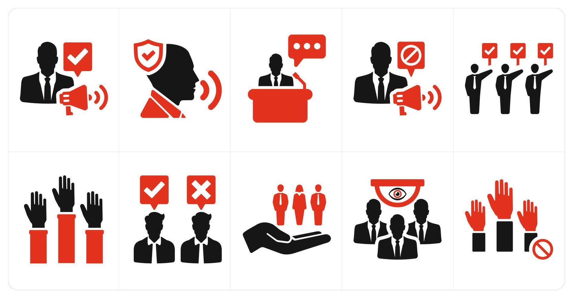 A set of 10 freedom of speech icons as free speech, protected speech, speech in red filled color vector