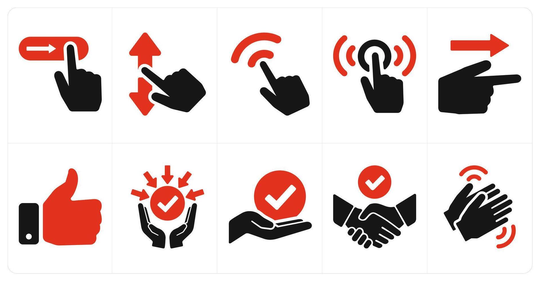 A set of 10 hands icons as slide gesture, scroll, click in red filled color vector