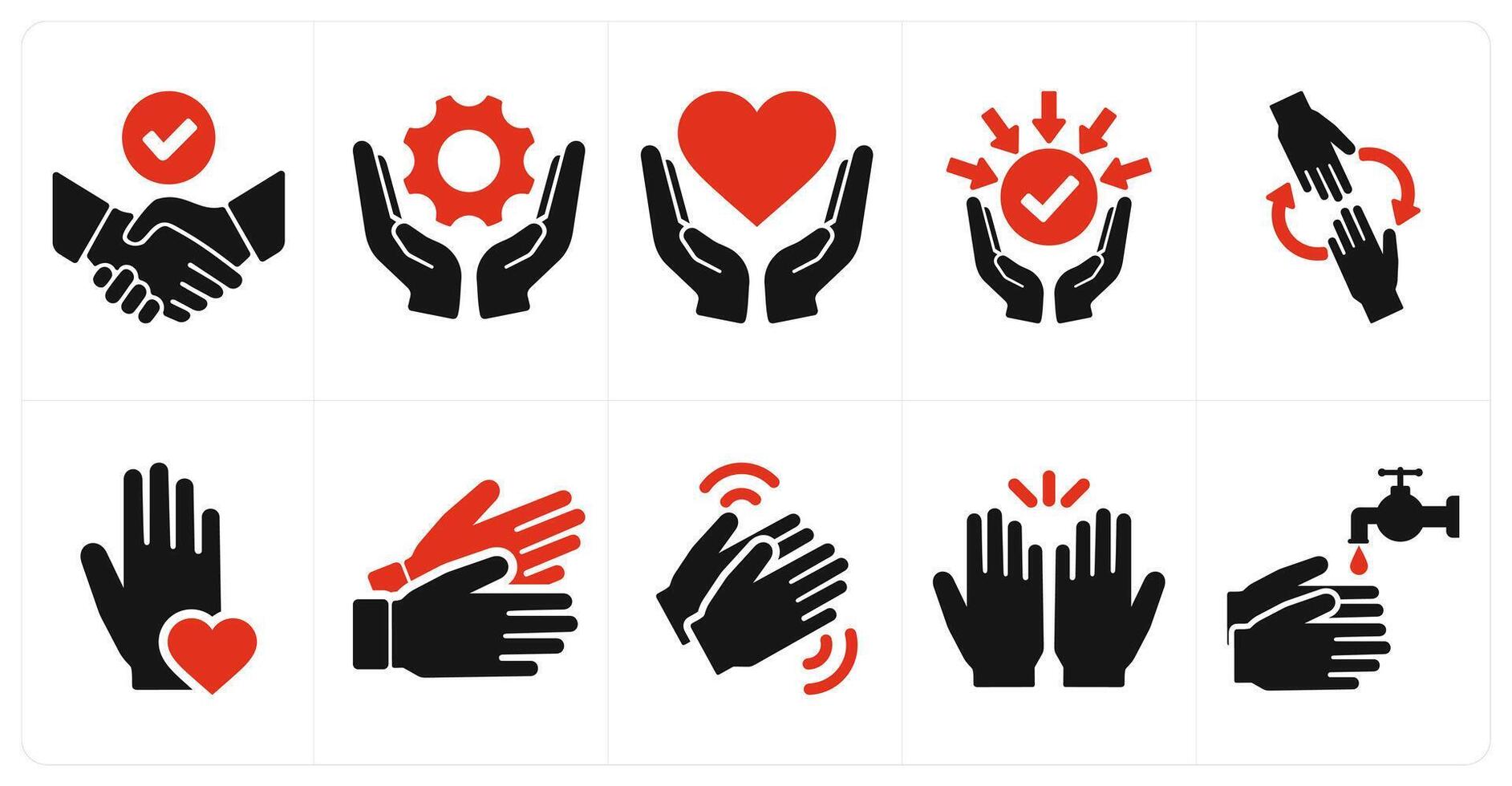 A set of 10 hands icons as agreement, manage, charity in red filled color vector
