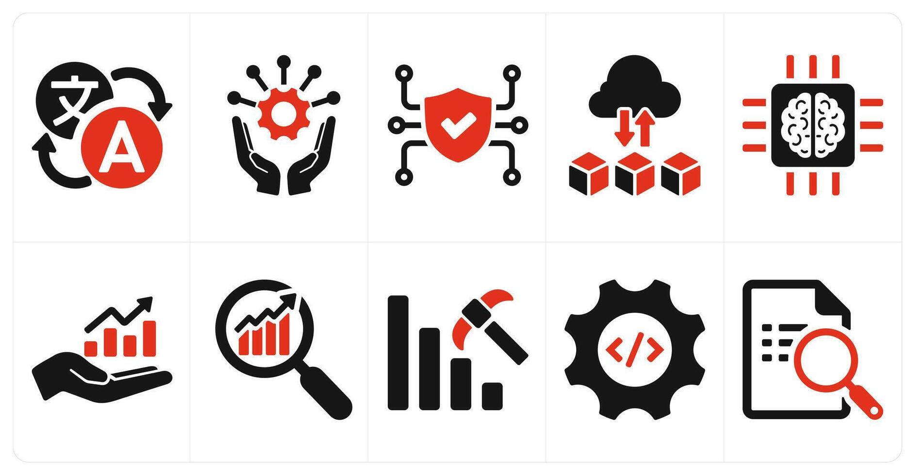 A set of 10 hard skills icons as foreign language, project management, cyber security in red filled color vector
