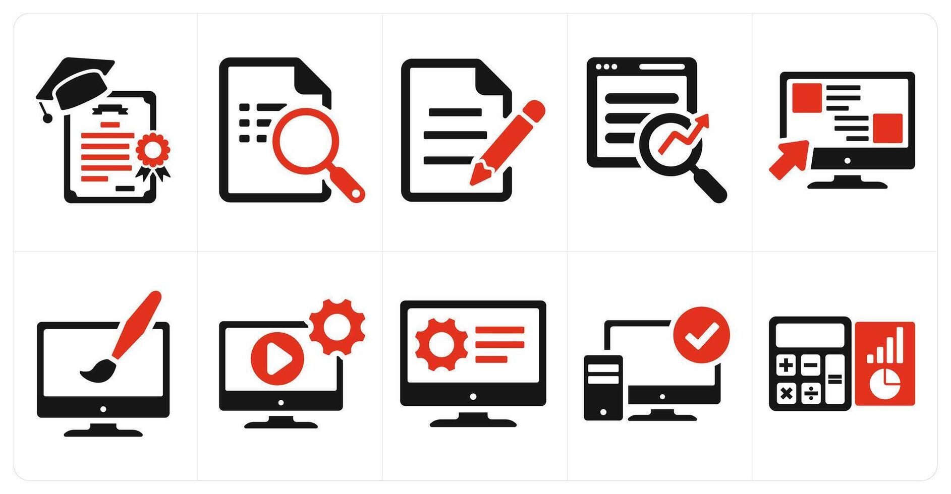 A set of 10 hard skills icons as certificates, search document, copy writing in red filled color vector