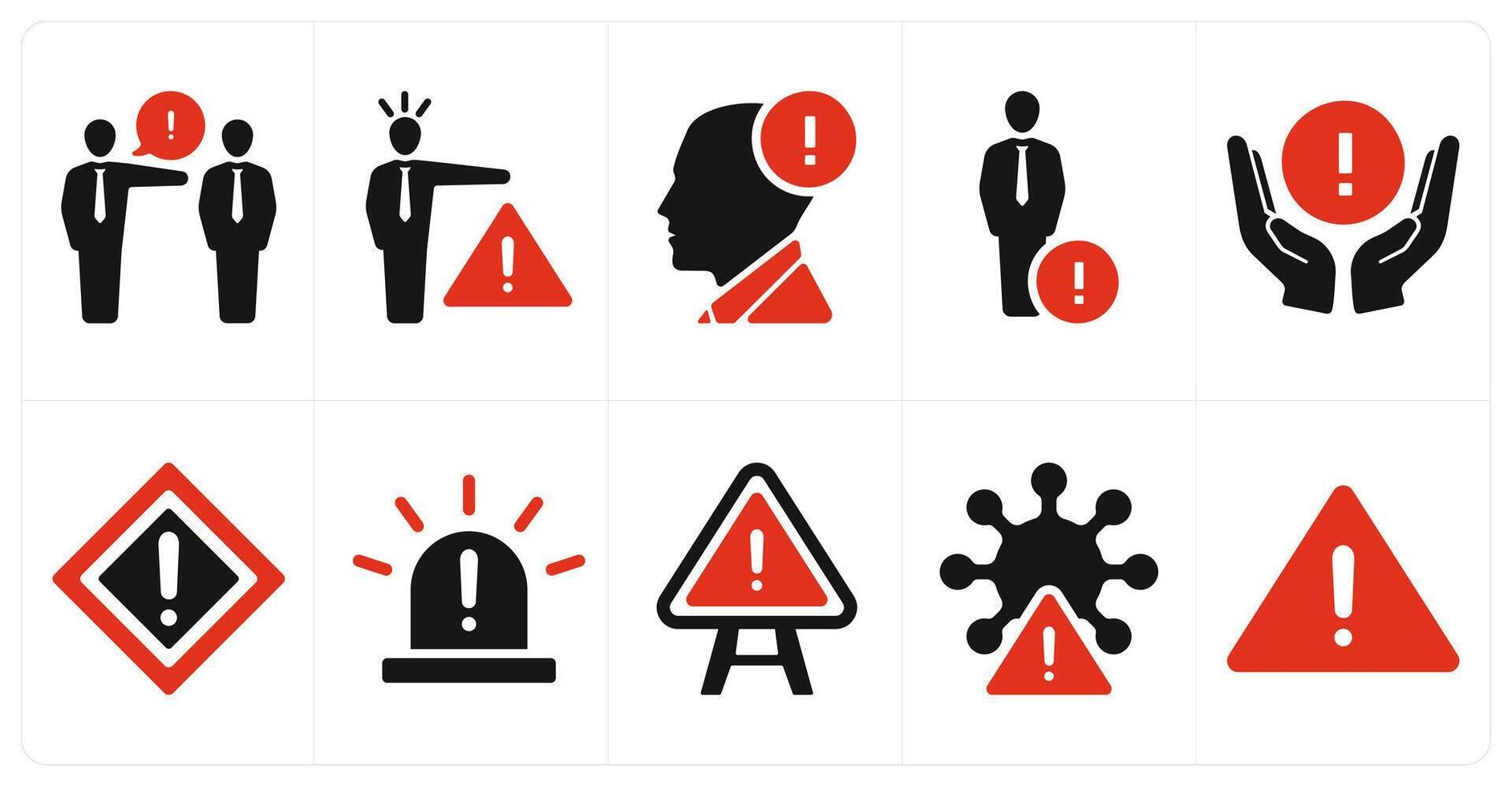 A set of 10 hazard danger icons as warn, warning, alert in red filled color vector