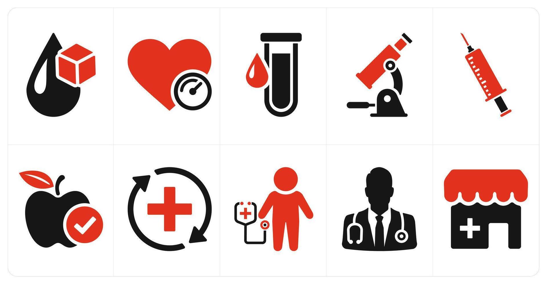A set of 10 health checkup icons as blood sugar, blood pressure, blood sample in red filled color vector
