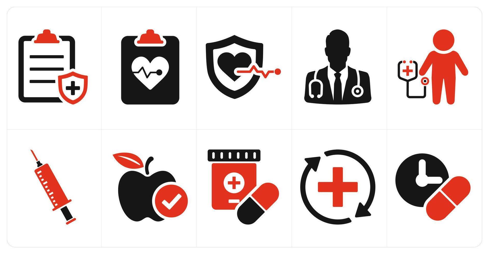 A set of 10 health checkup icons as health insurance, life insurance, doctor in red filled color vector