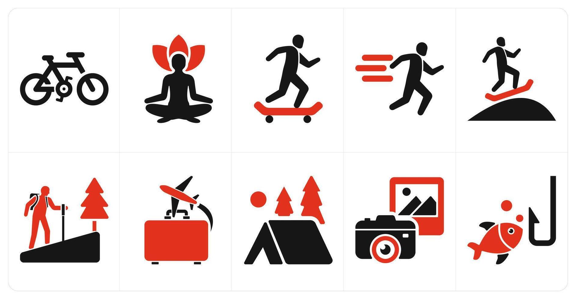 A set of 10 hobby icons as cycling, yoga, skating in red filled color vector