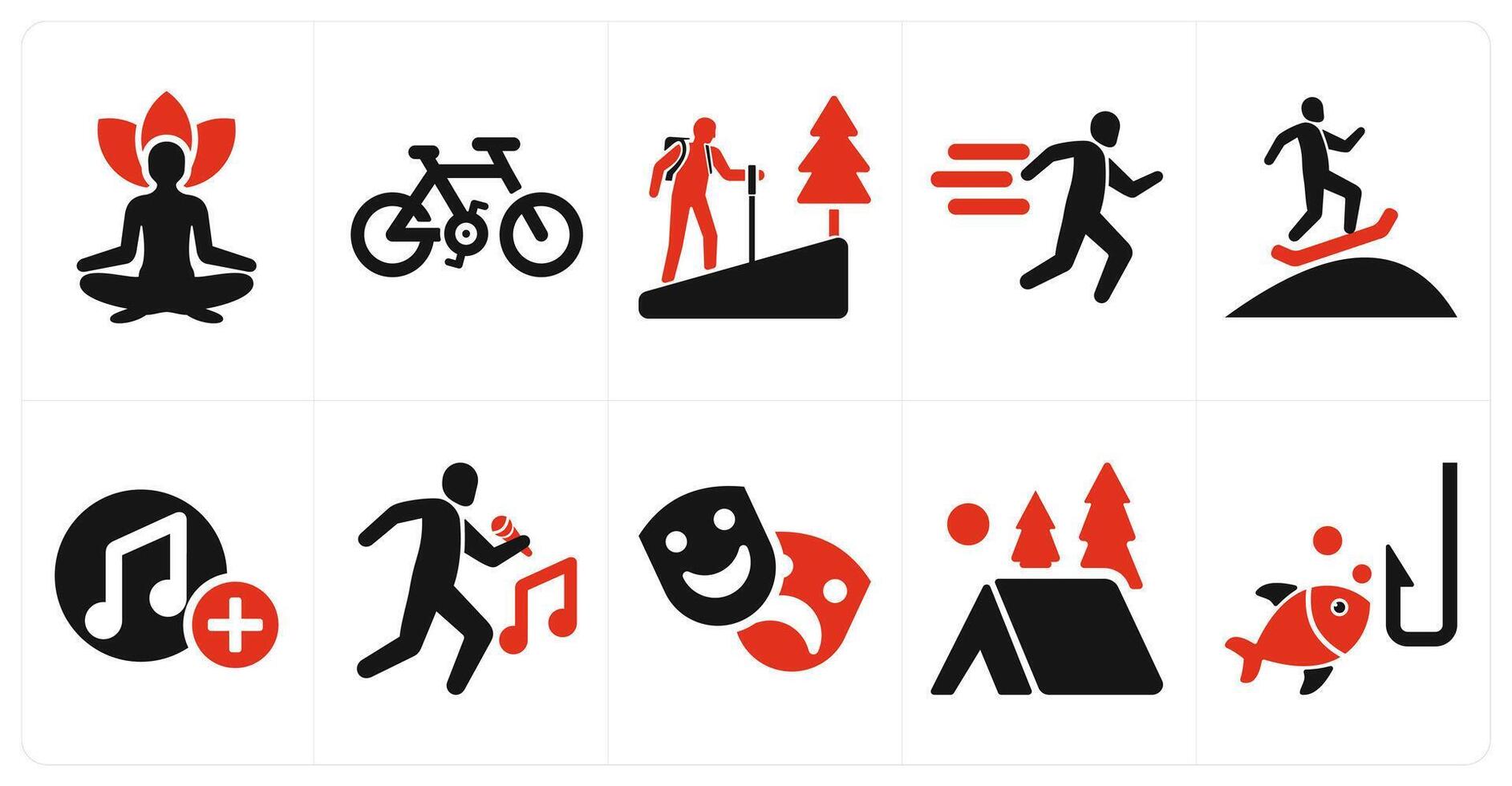 A set of 10 hobby icons as yoga, cycling, hiking in red filled color vector