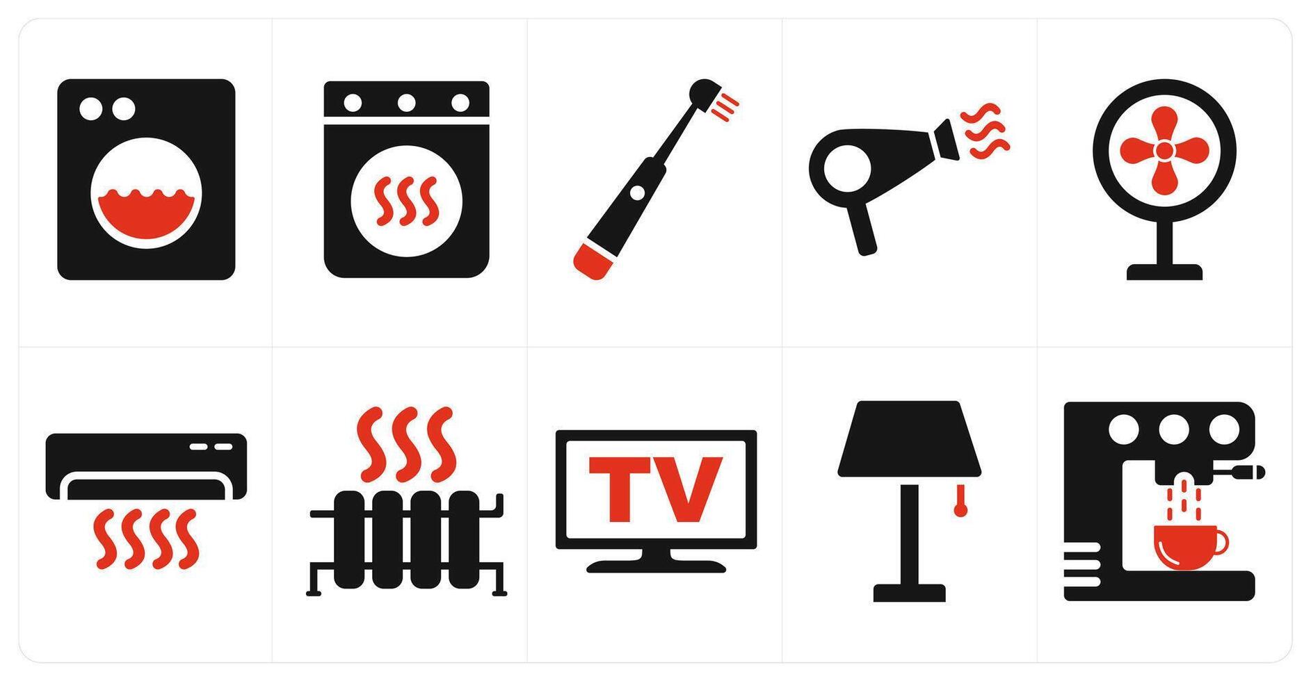A set of 10 home appliances icons as washing machine, clothes dryer, electric toothpaste in red filled color vector