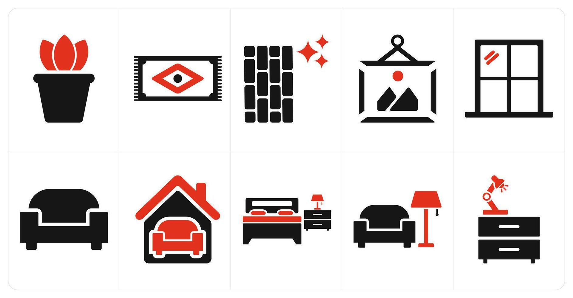 A set of 10 home interior icons as desk plant, rug, floor in red filled color vector