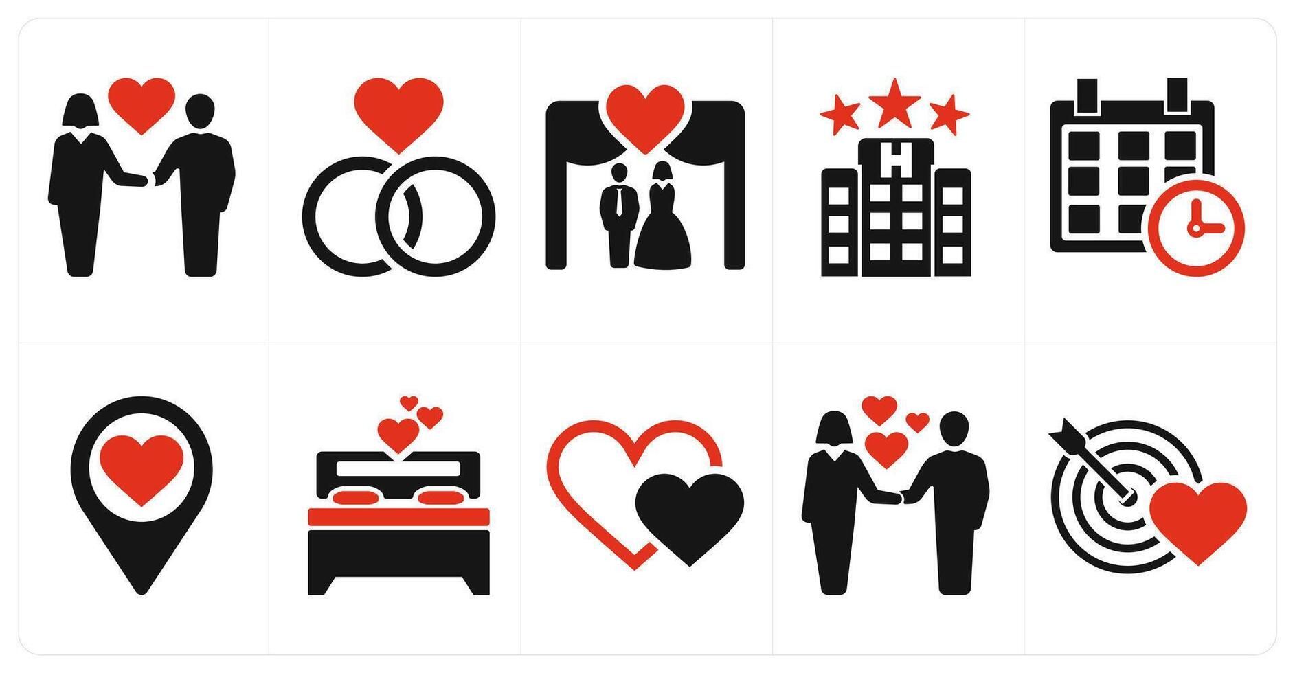 A set of 10 honeymoon icons as couple, engagement, wedding in red filled color vector