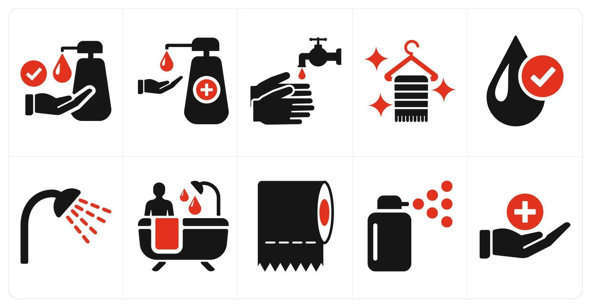 A set of 10 hygiene icons as disinfection, hand wash, wash hands in red filled color vector